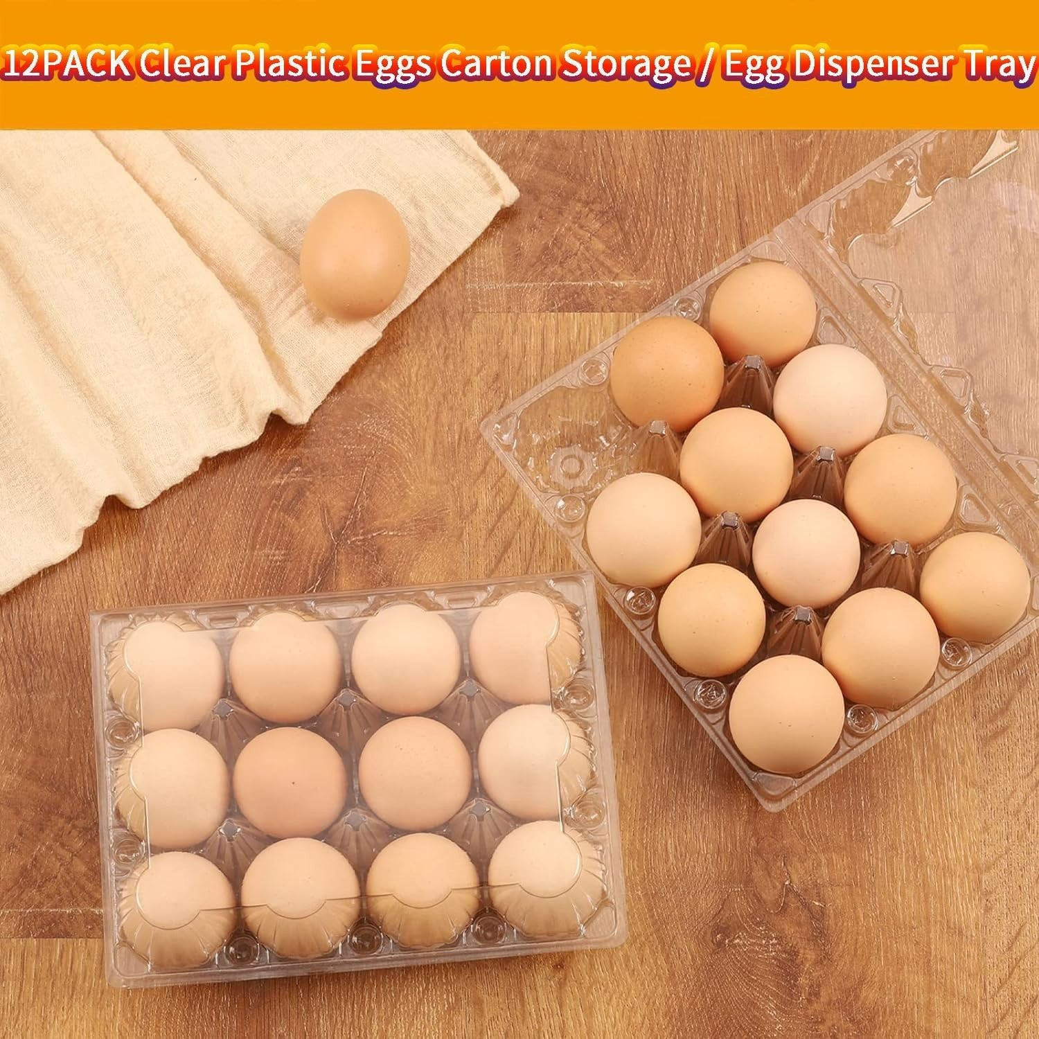 Space-Saving 12 Pack Egg Cartons - Clear Reusable Plastic for Safe Egg Storage