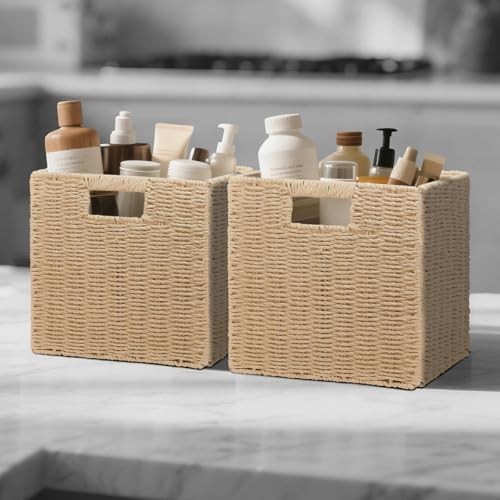 Wicker Storage Baskets for Organizing, 3 Pack Rustic Foldable Natural 11 inch