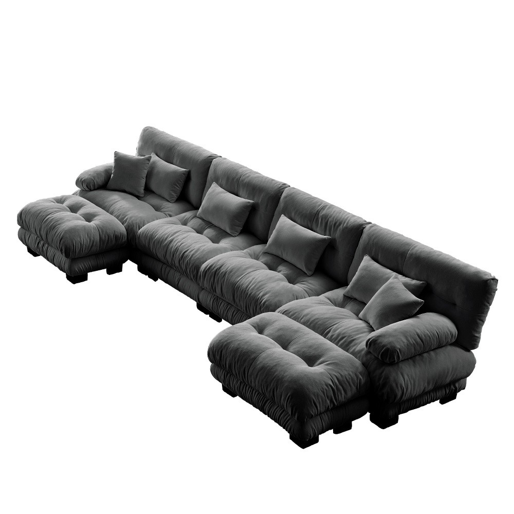Gray Chenille Modular Sofa,4-Seater Cloud Couch + 2 Ottomans,Free Combination