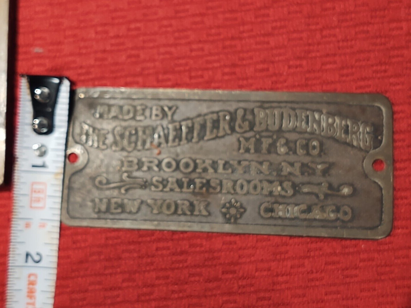 Made by Schaeffer & Budenberg Small-Sized Salesroom Plaque Brooklyn N.Y.