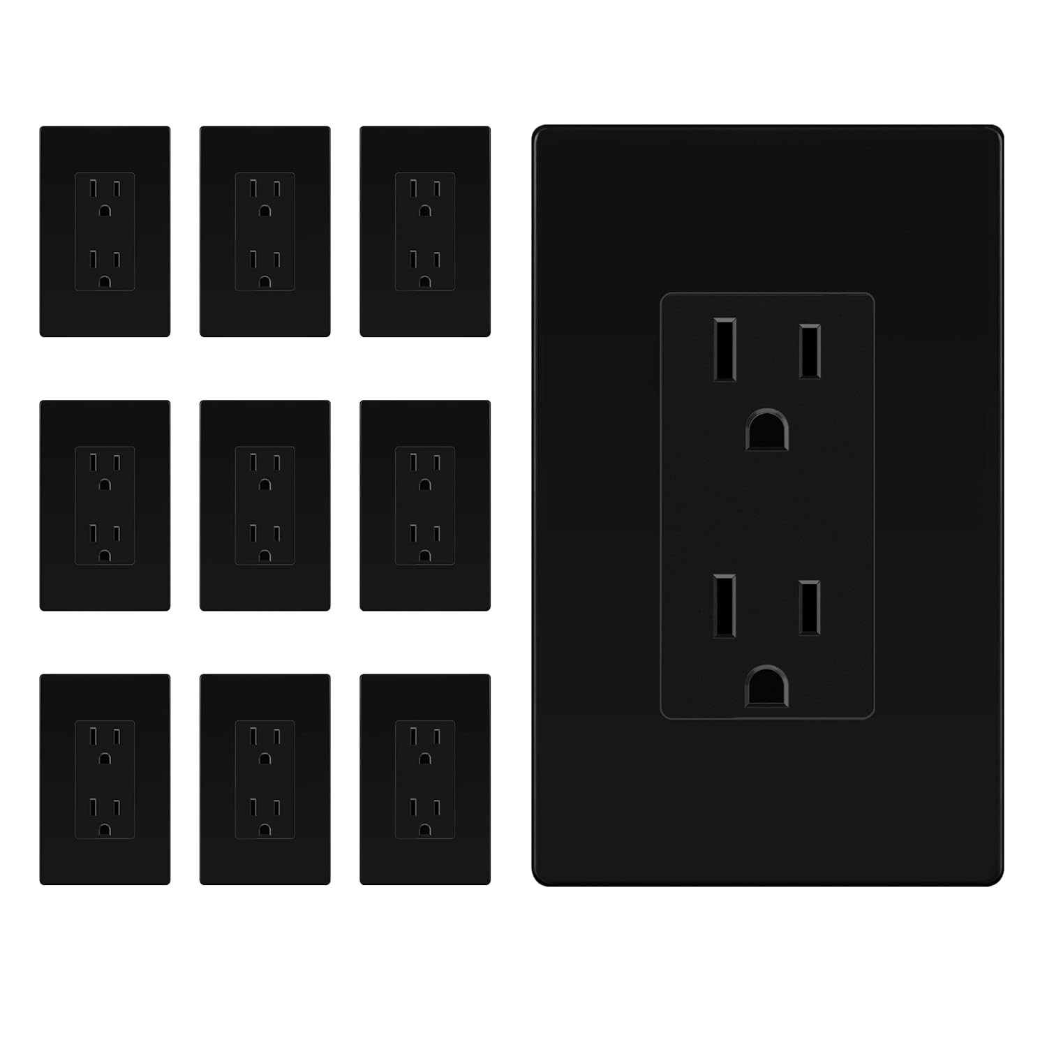Matte Black Decorator Receptacle with Screwless Wall Plate, Standard Electrical