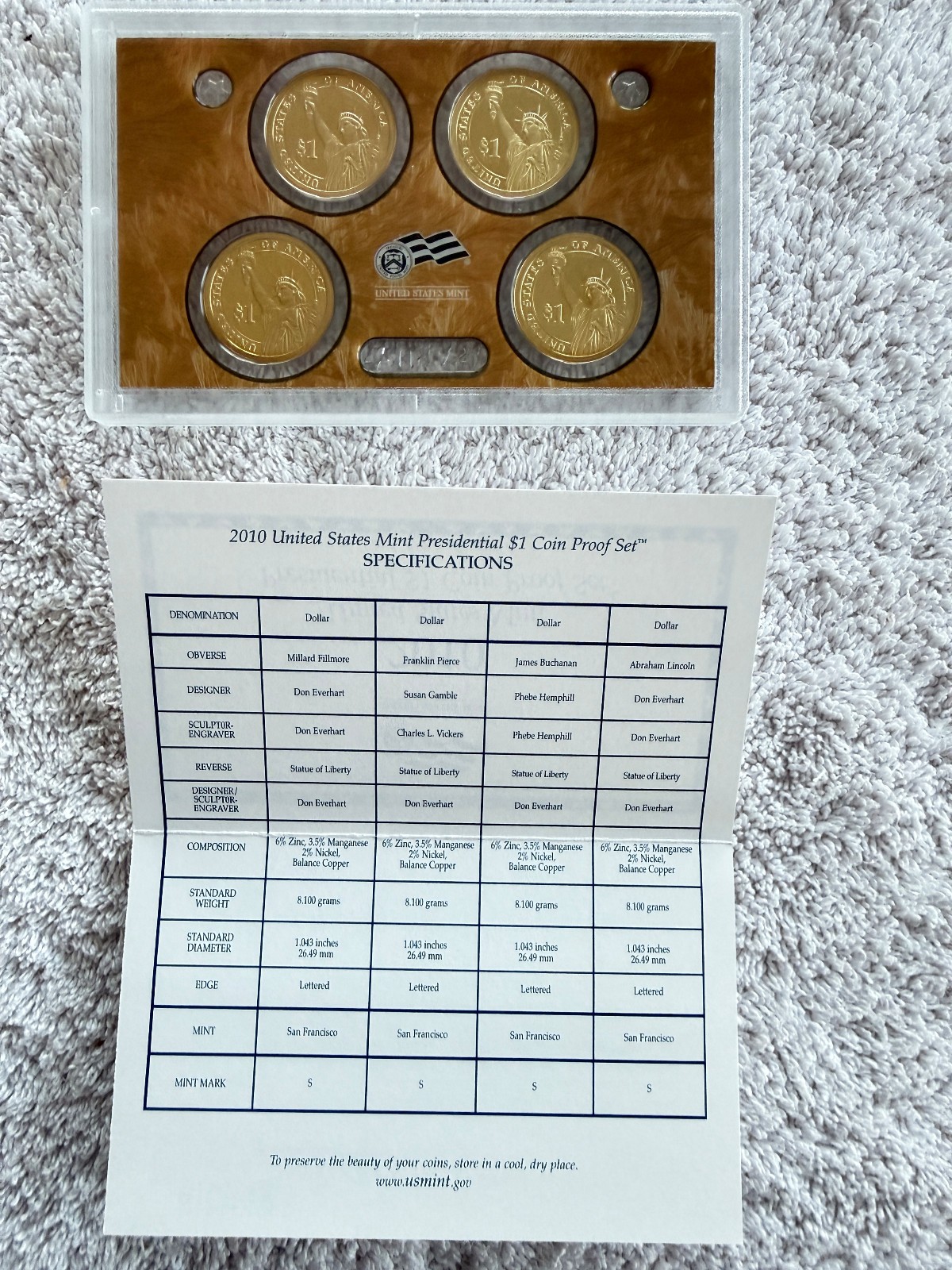 2007, 2008, 2009, 2010 US Mint Presidential $1 Coin Proof Sets W/Boxes & COAs