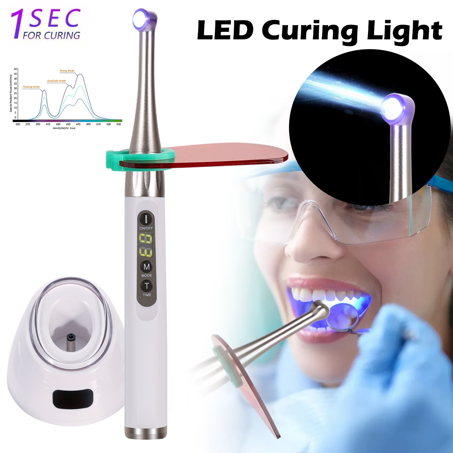 Dental Wireless Curing Light 1 Second Cure Lamp 2500mw/cm2 385nm-515nm ILED Type
