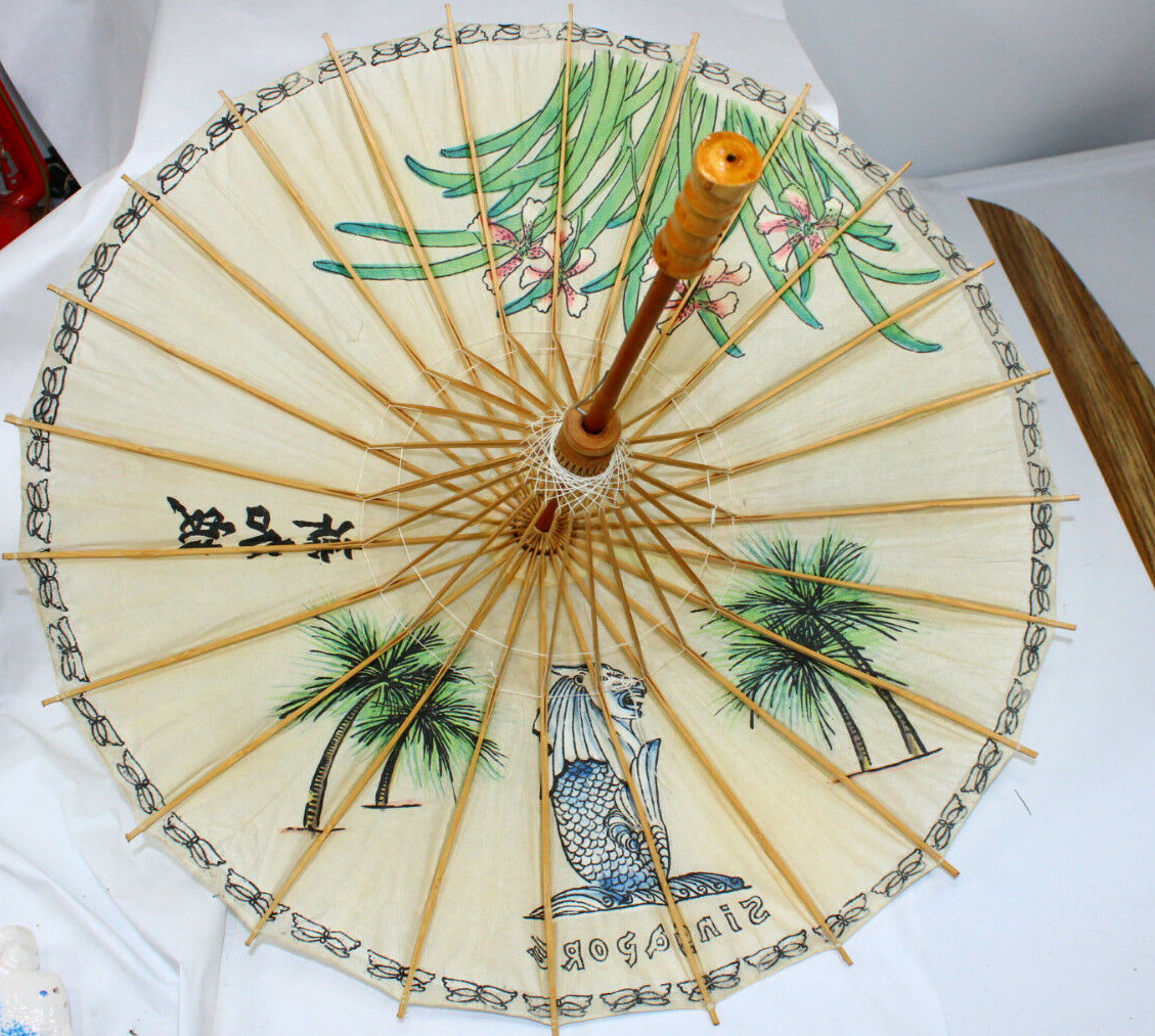 Singapore Chinese Umbrella Parasol Bamboo Paper Wood Art Painting Bull Mermaid