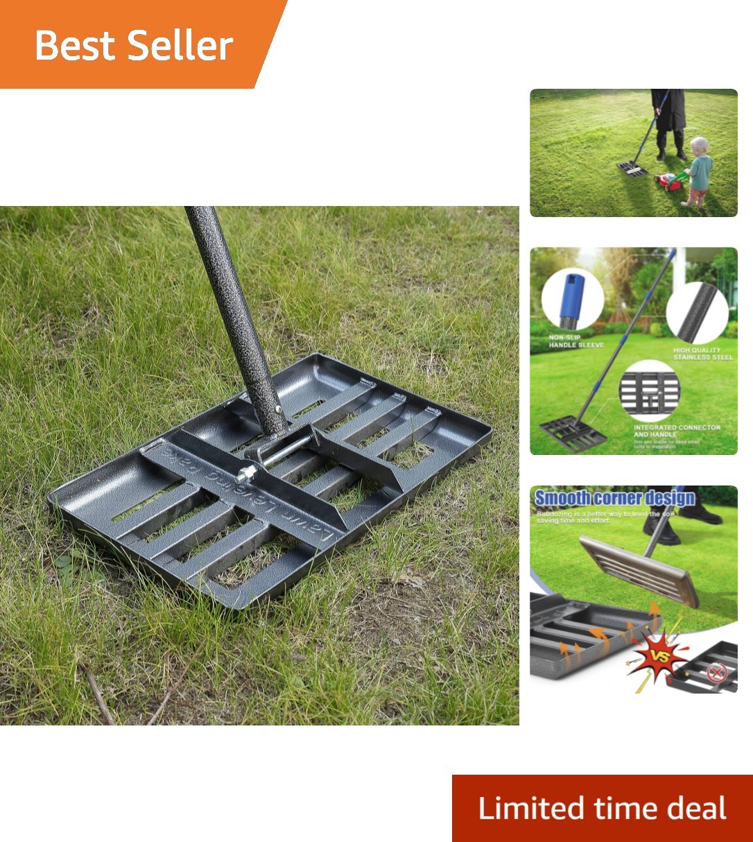 Lightweight Stainless Steel Lawn Rake, 18"x10" Plate, Perfect for All Grass