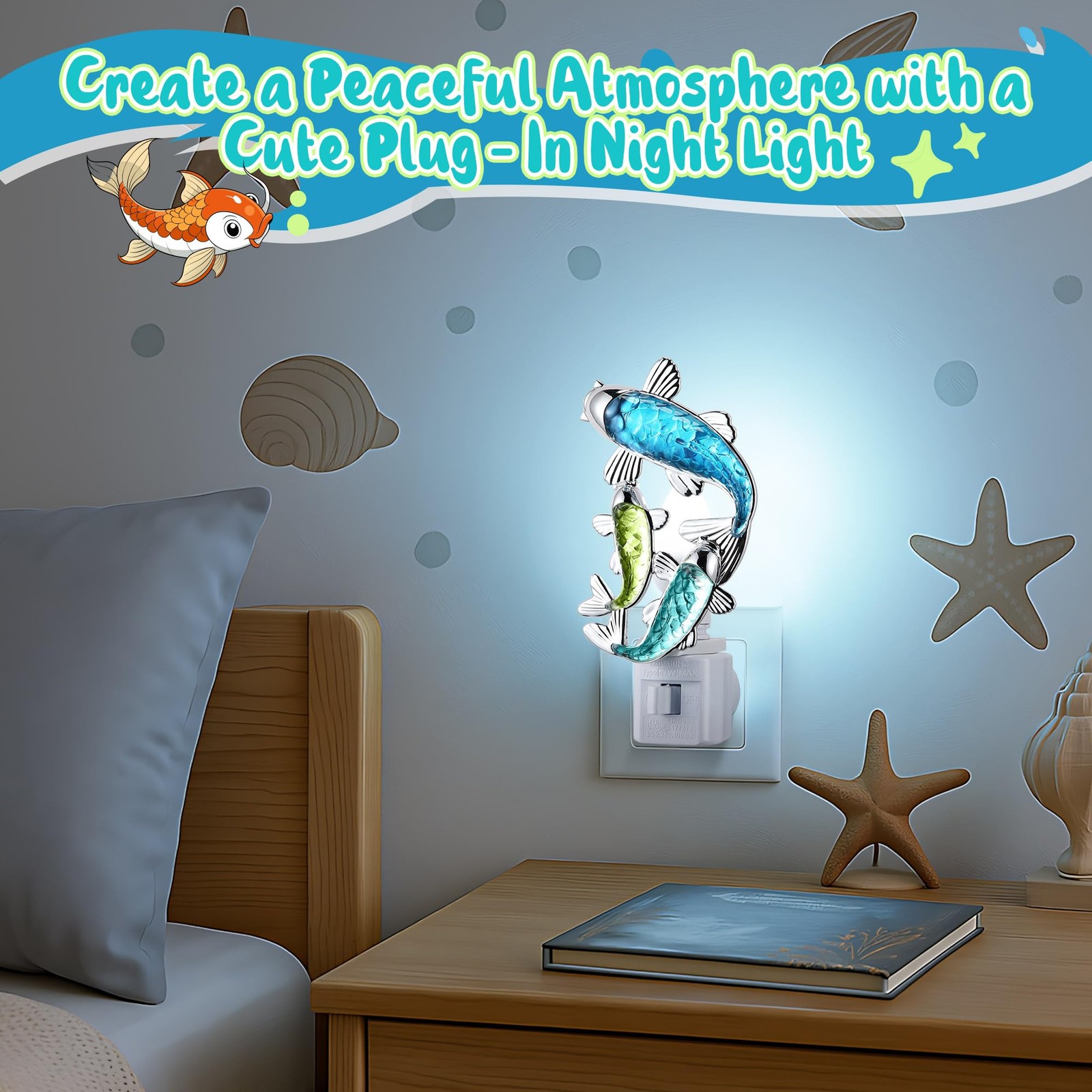 Fish Night Light, Beach Night Light, Plug into Wall Lamp with Manual Switch, ...