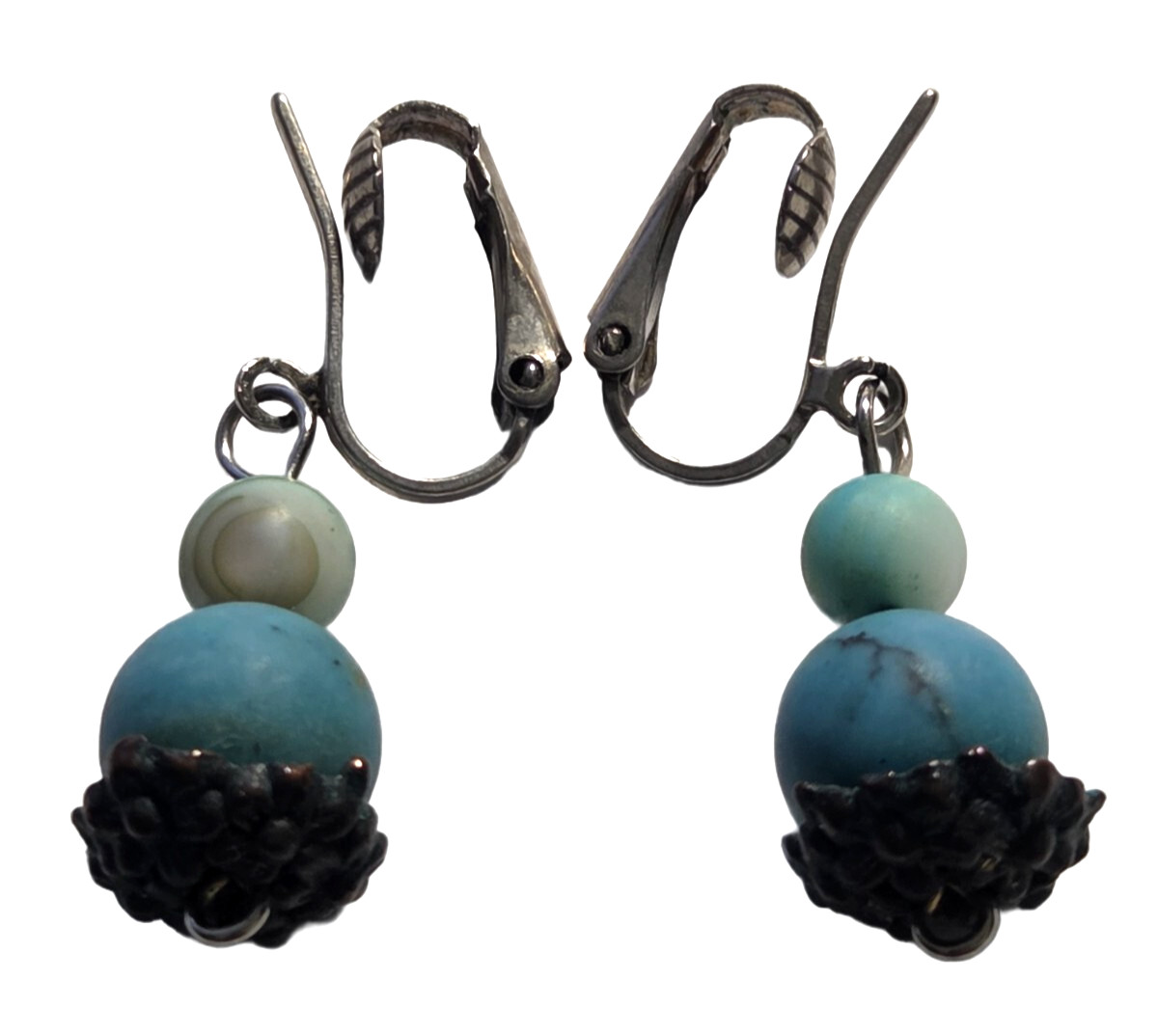 Silver Tone Blue Round Gemstone Beads w/Metal Caps Dangle Leverback Earrings