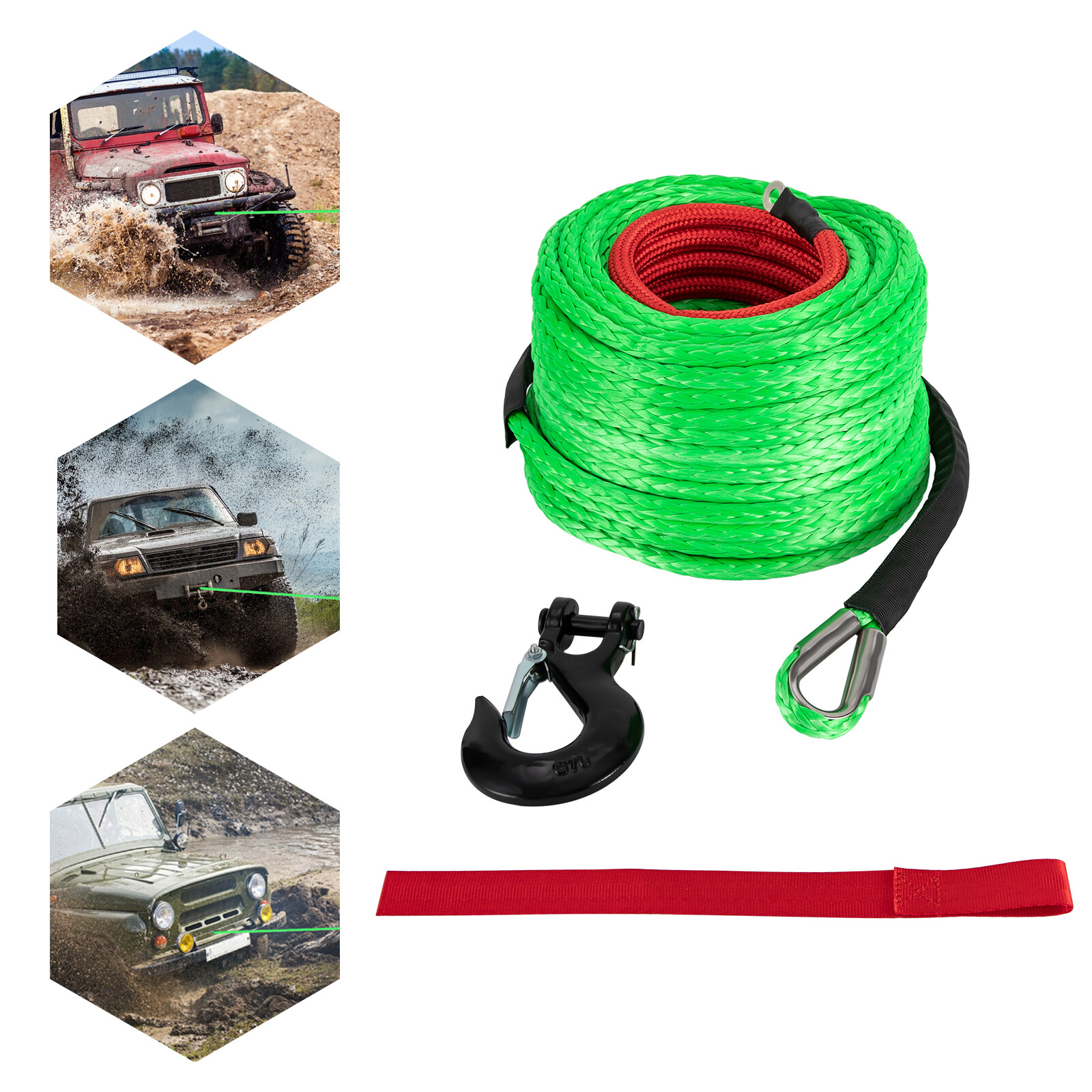 Green 3/8x100inch Synthetic Winch Rope w/Hook Winch Cable with Protective Sleeve