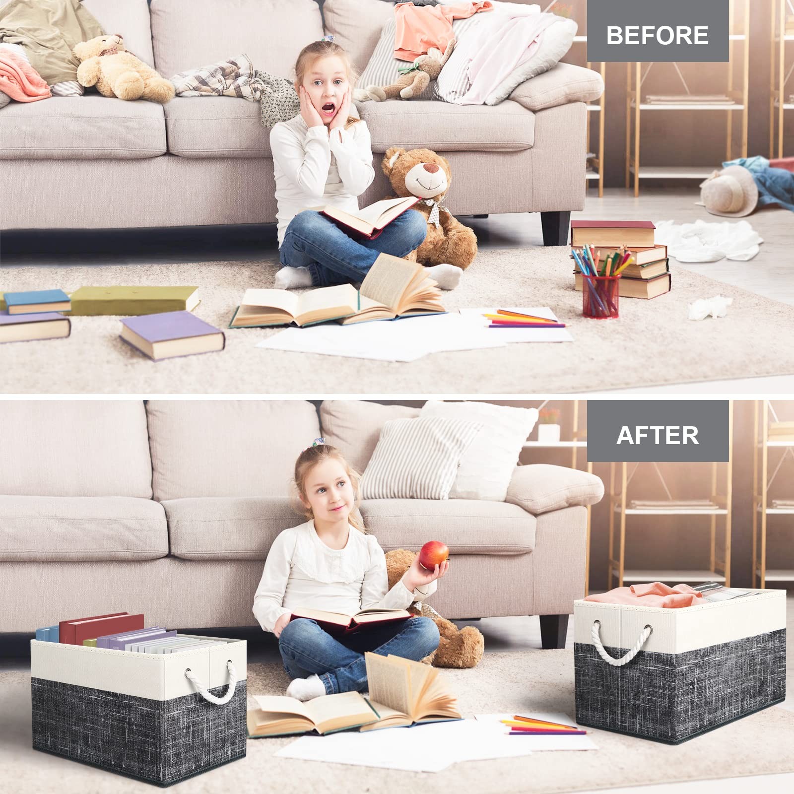 Large Foldable Storage Baskets Rope Handles Closet Boxes White Black 2 Pack