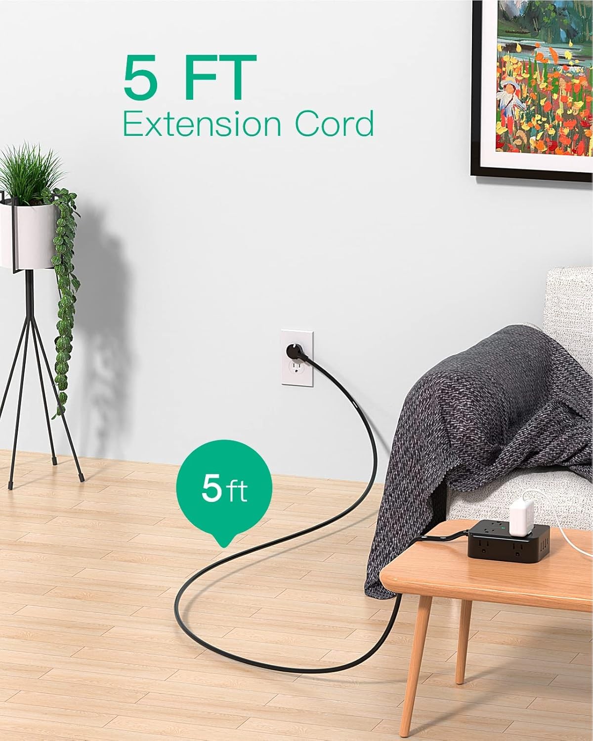 Power Strip Surge Protector - Flat Plug, Wall Mount, 8 Wide Outlets with 4 USB P