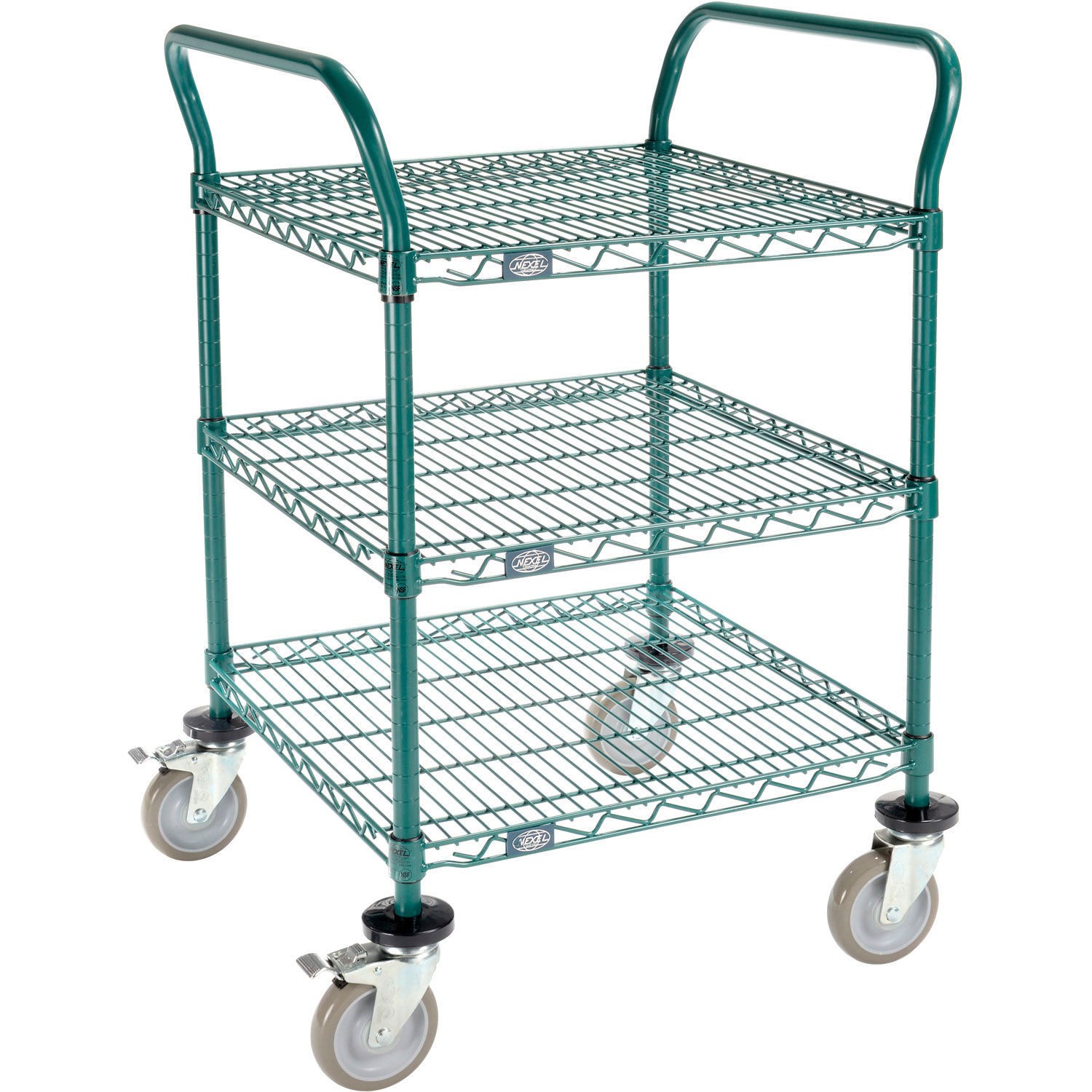 Nexel Utility Cart 3 Shelf Poly-Green 24"L x 24"W x 39"H Polyurethane Brake