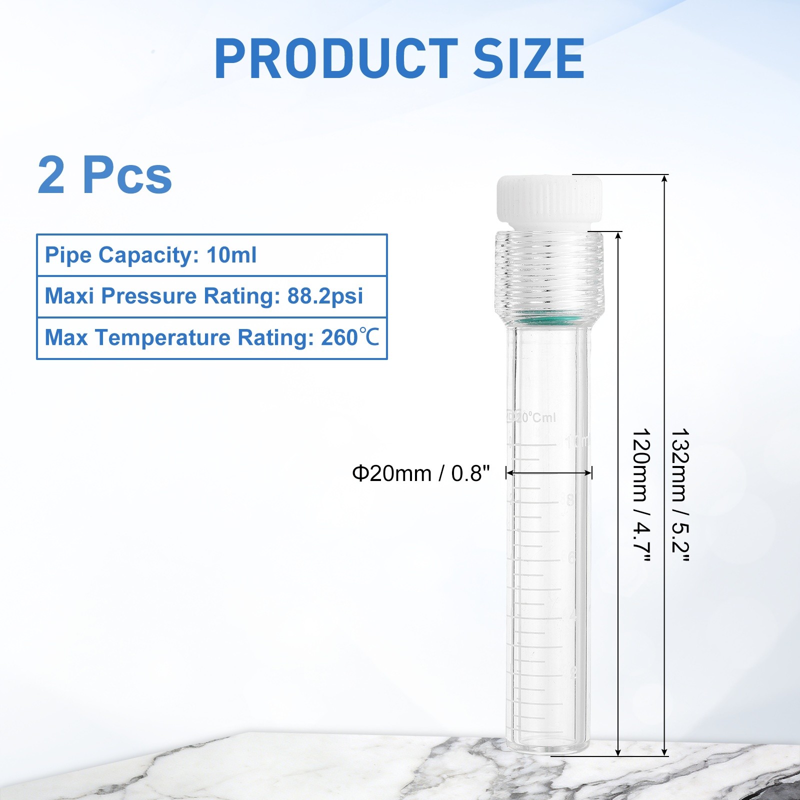 2Pcs 10ml Flat Bottom Heavy Wall Pressure Bottle with Full Scale, Clear