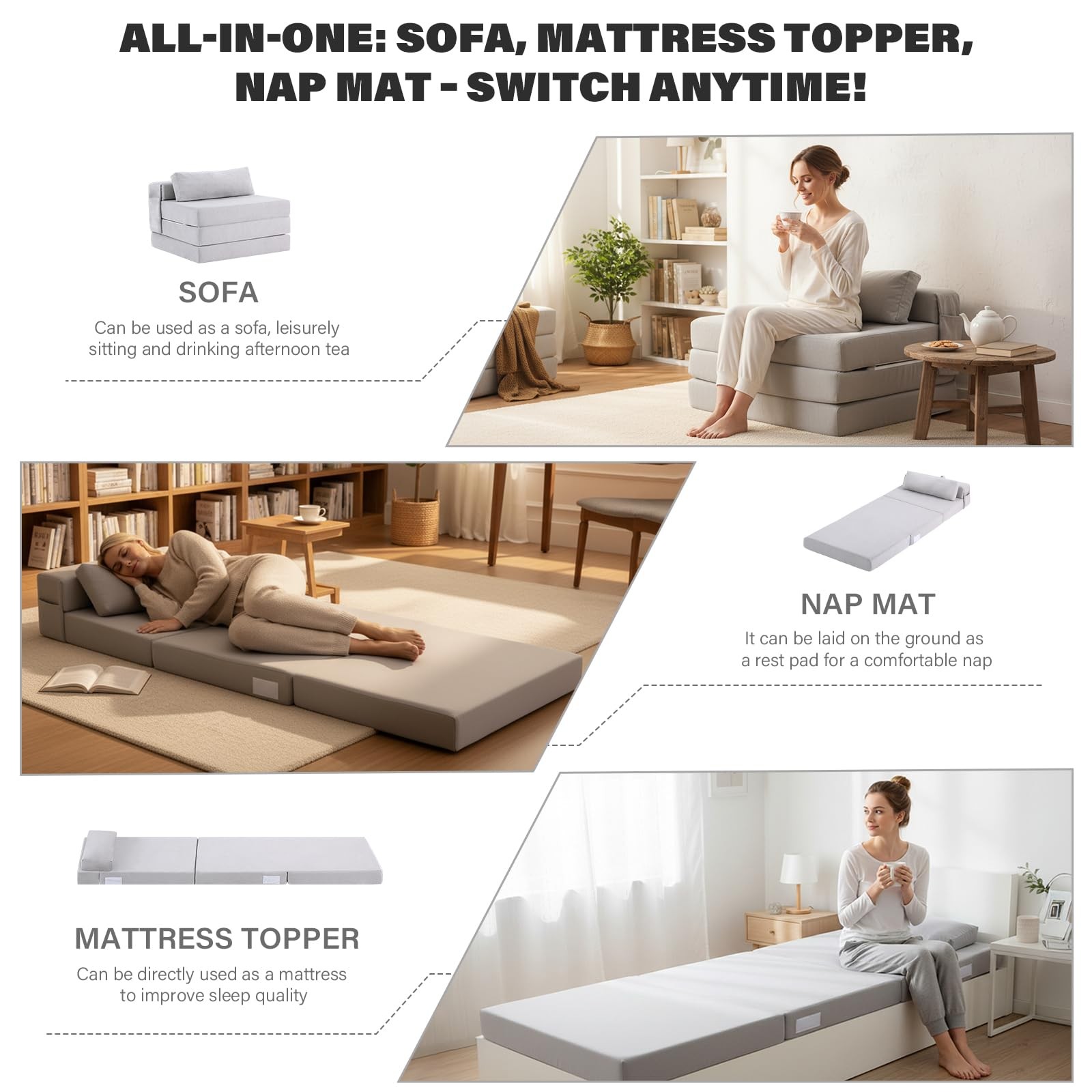 Folding Sofa Bed-Convertible Sleeper Chair with Storage Bag, Tri Foldable Mat...