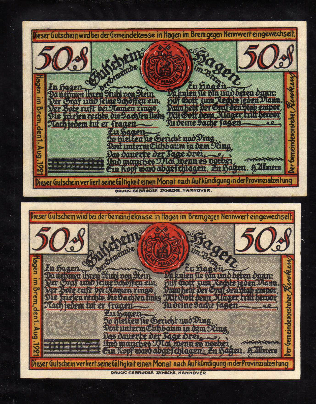 HAGEN -  GERMANY NOTGELD  -  2 x 50 PFENNIG