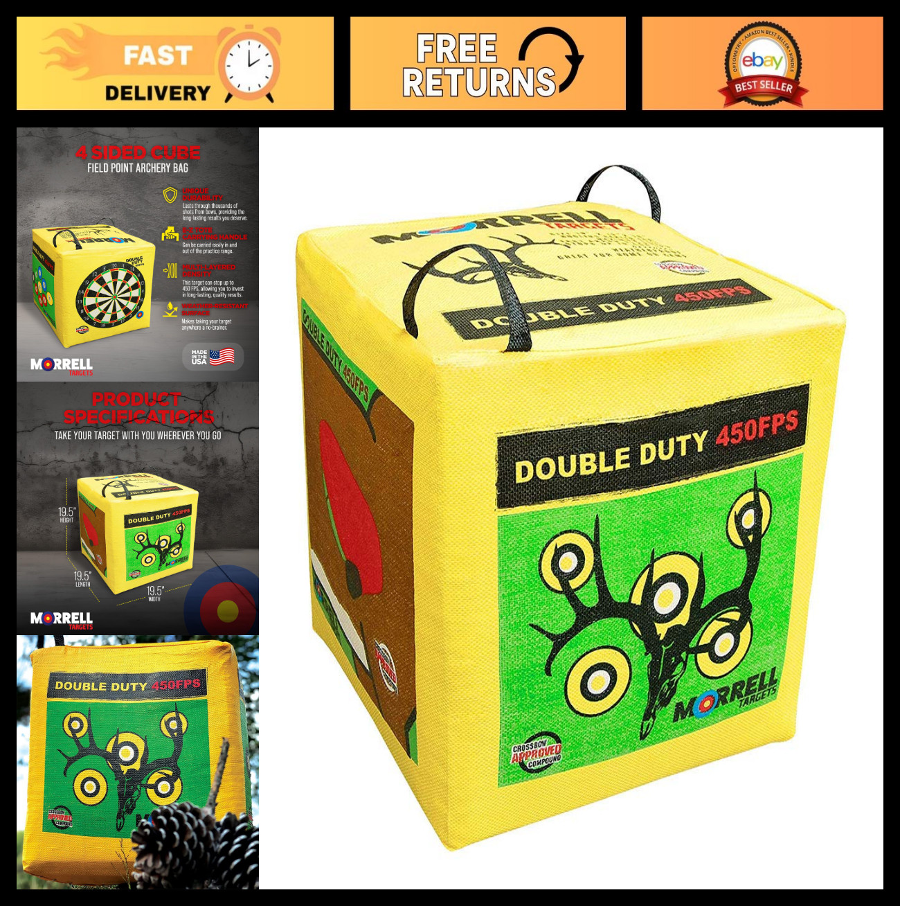 450 FPS Archery Bag Target - Portable Cube for Backyard Practice, Bullseyes & Da