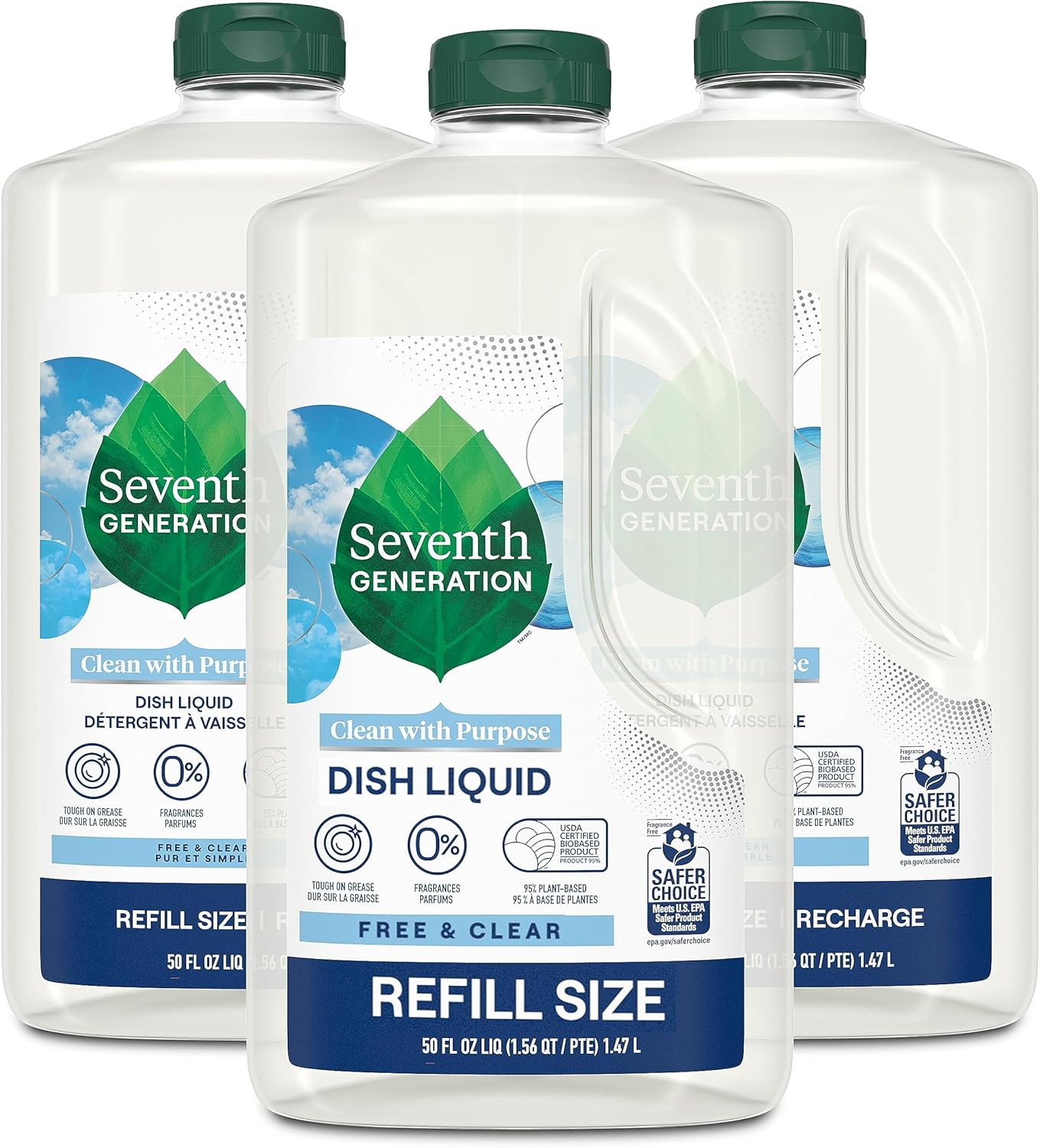 Seventh Generation Dish Liquid - Refill Size - Free & Clear - 50 Oz, Pack of 3