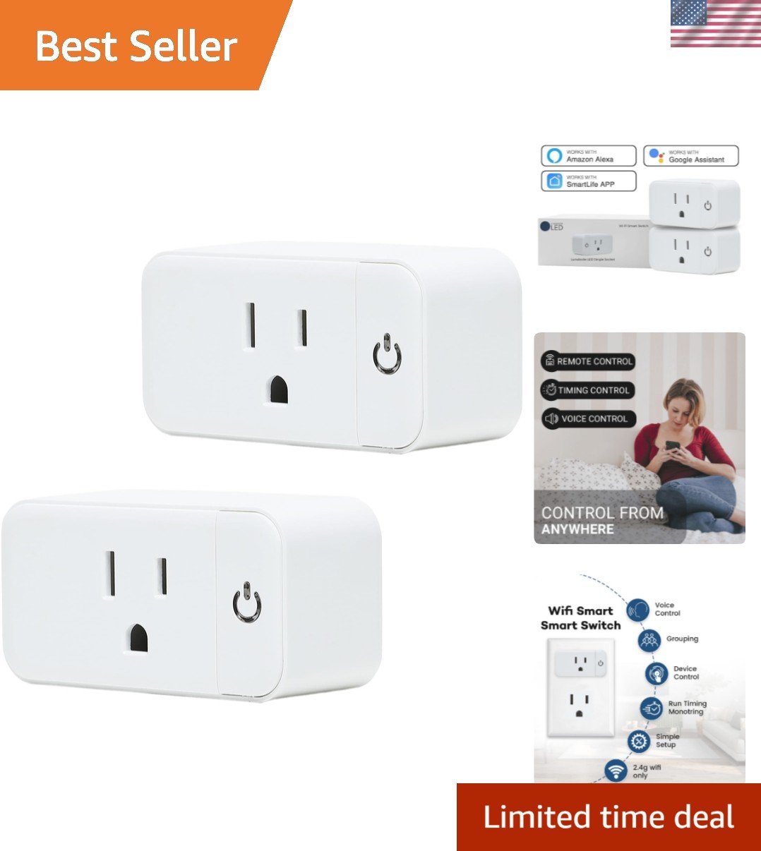 Wi-Fi Smart Plugs - 2 Pack with Auto Timer & Group Control Functionality