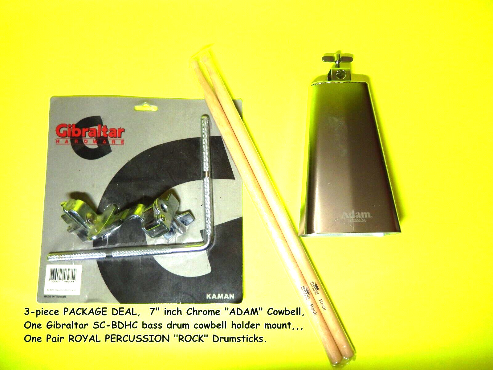 CHROME COWBELL,  Gibraltar SC-BDHC,       bass drum hoop clamp,  ROCK DRUMSTICKS