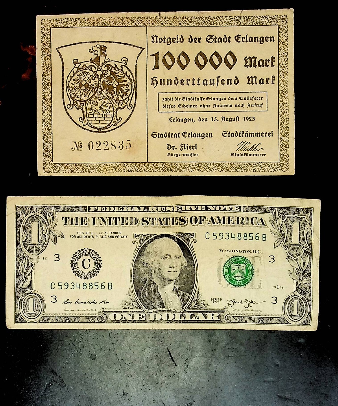 1923 Germany ERLANGEN 100.000 Mark Banknote