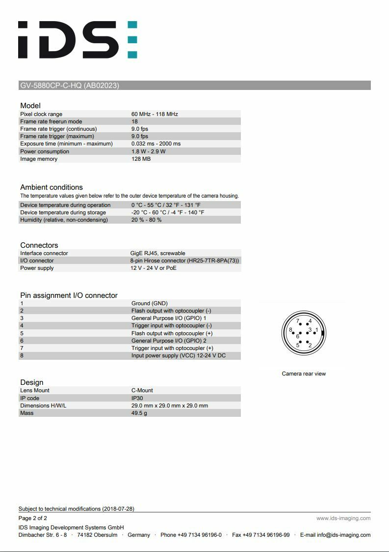 IDS GV-5880CP-C-HQ Machine Vision, Automation, Inspection Camera