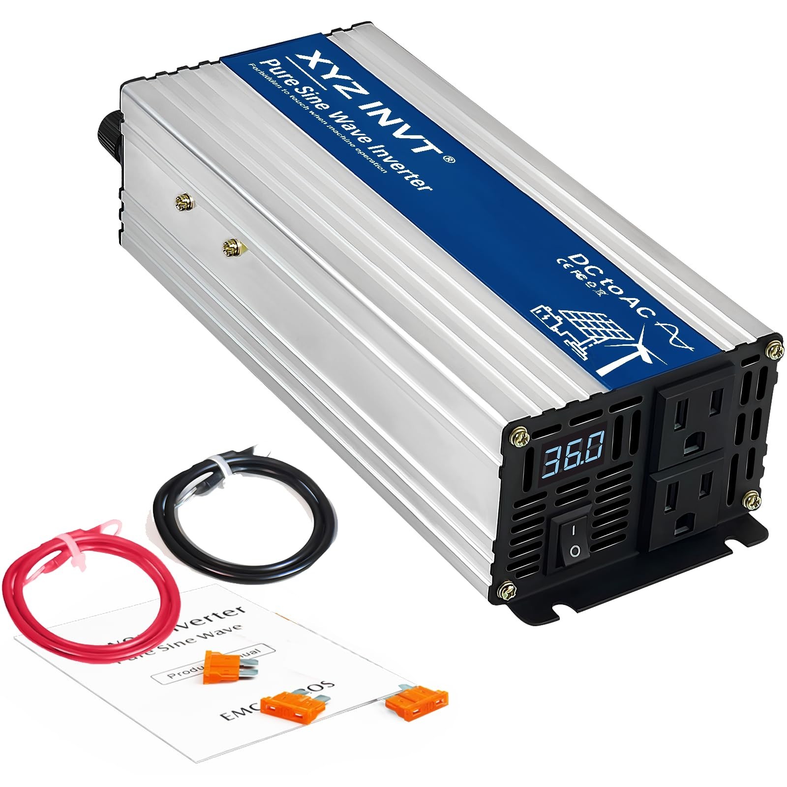 800W Pure Sine Wave Power Inverter DC 36V to AC 110V/120V, 1600W Peak, Car/Truck