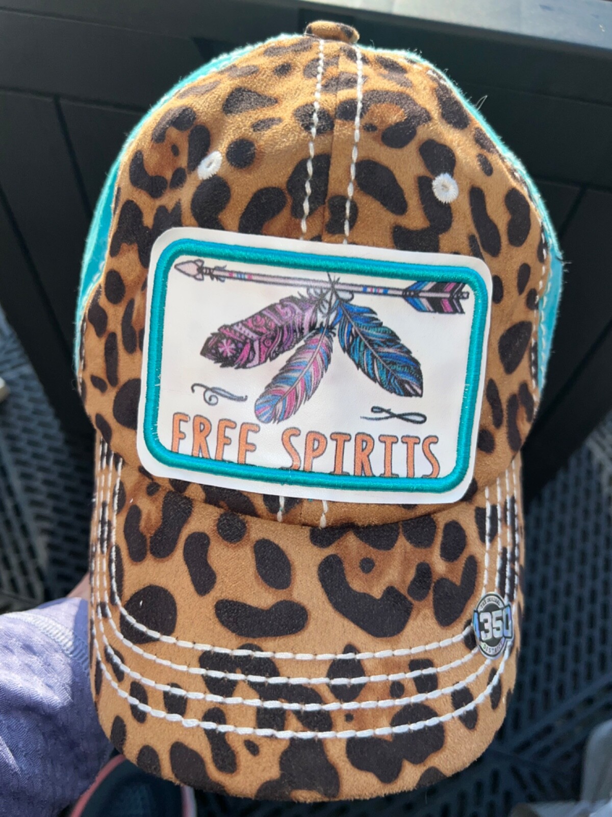 Teal Faux Leopard Print Hat Cap Hook Loop Districts4350 Free Spirits Patch EUC