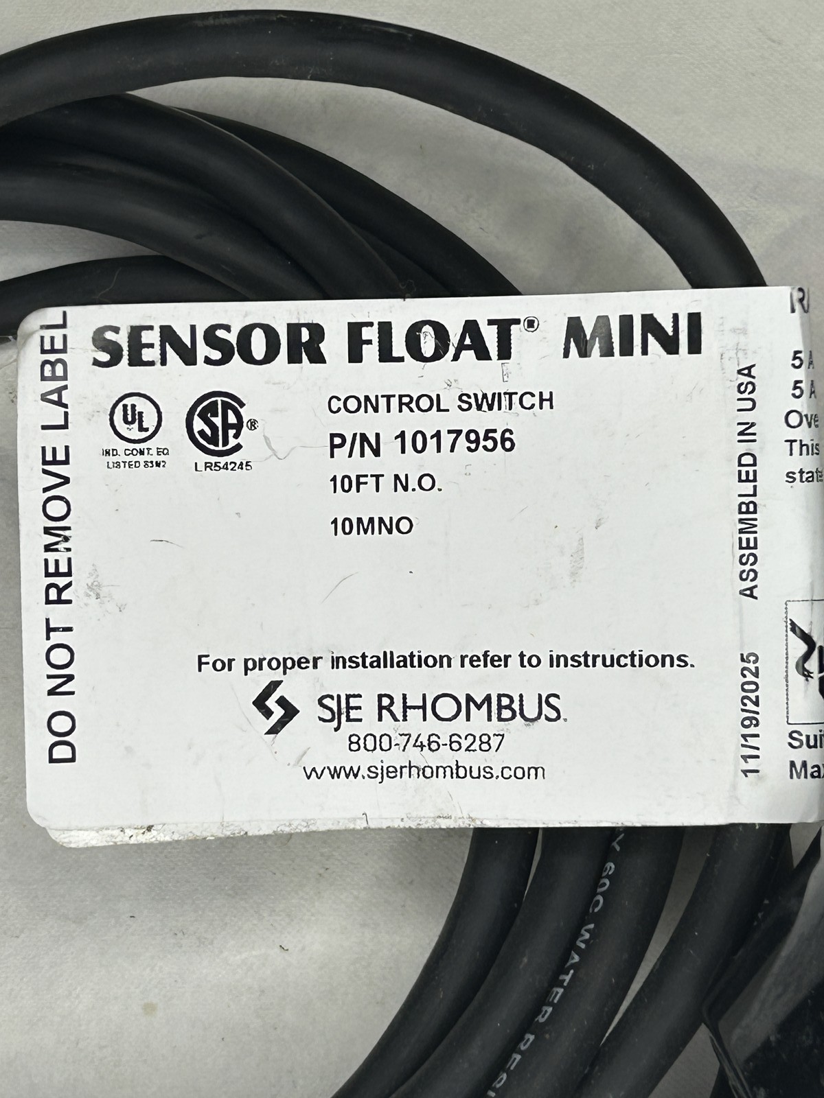 SJE Rhombus Mini Control Switch 1017956, 10FT Cable, N.O. for Sump Pumps