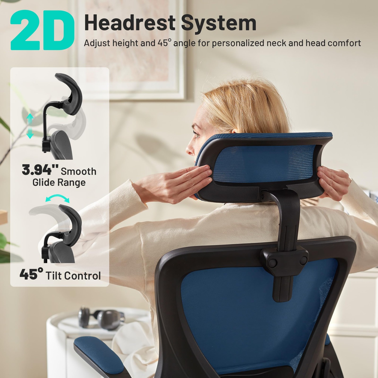 Office Chair - Ergonomic Desk Chair Breathable Mesh Chair with 2D Headrest & ...