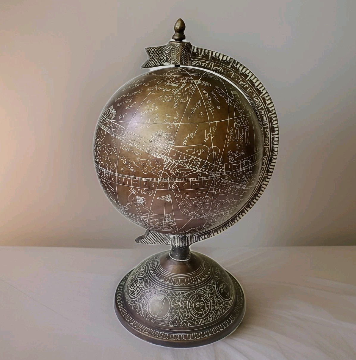 Vintage 14" Heavy Brass Islamic Celestial Globe Sphere Astrolabe Zodiac