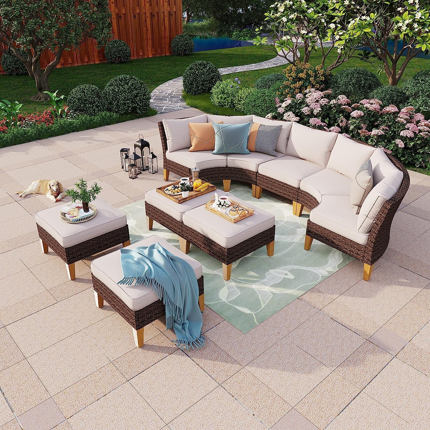 Outdoor Wicker Patio Furniture Sectional Sofa Set Cushion Sofa 2 x Ottoman,Beige