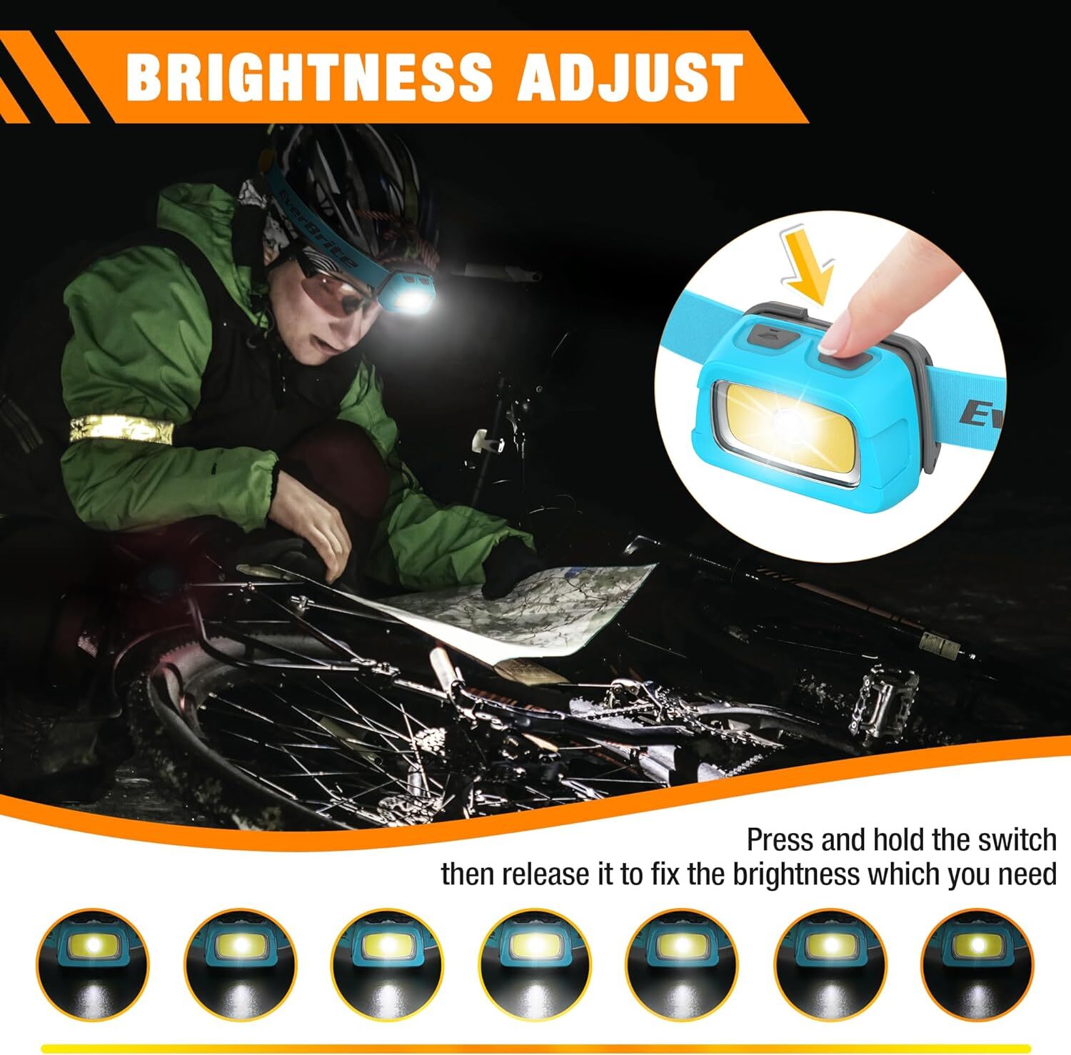 EverBrite Rechargeable Headlamp-Blue 7 Modes Running 350 Lumens Memory Function