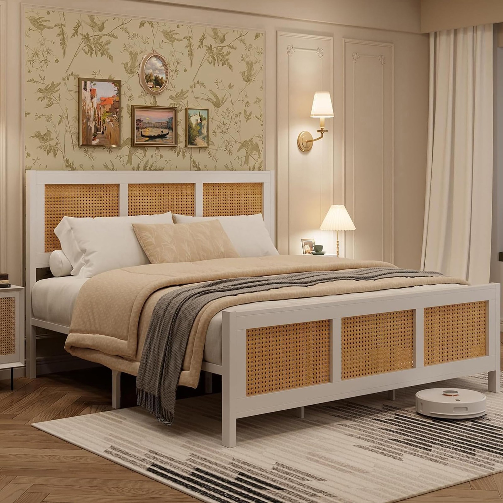 Queen Size Rattan Bed Frame and Headboard ,Boho Platform Bed Frame, Metal Slats