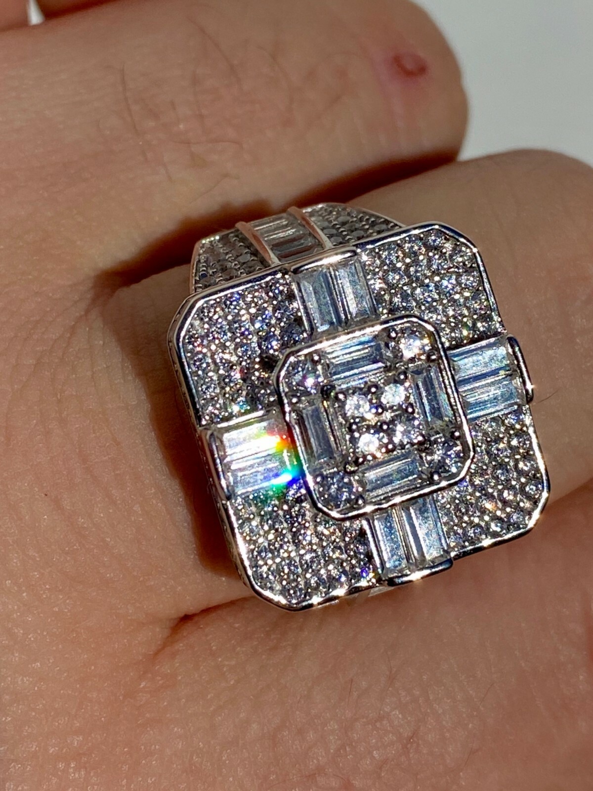 Large Real Solid 925 Sterling Silver Men's Baguette CZ Cross Ring Hip Hop Square