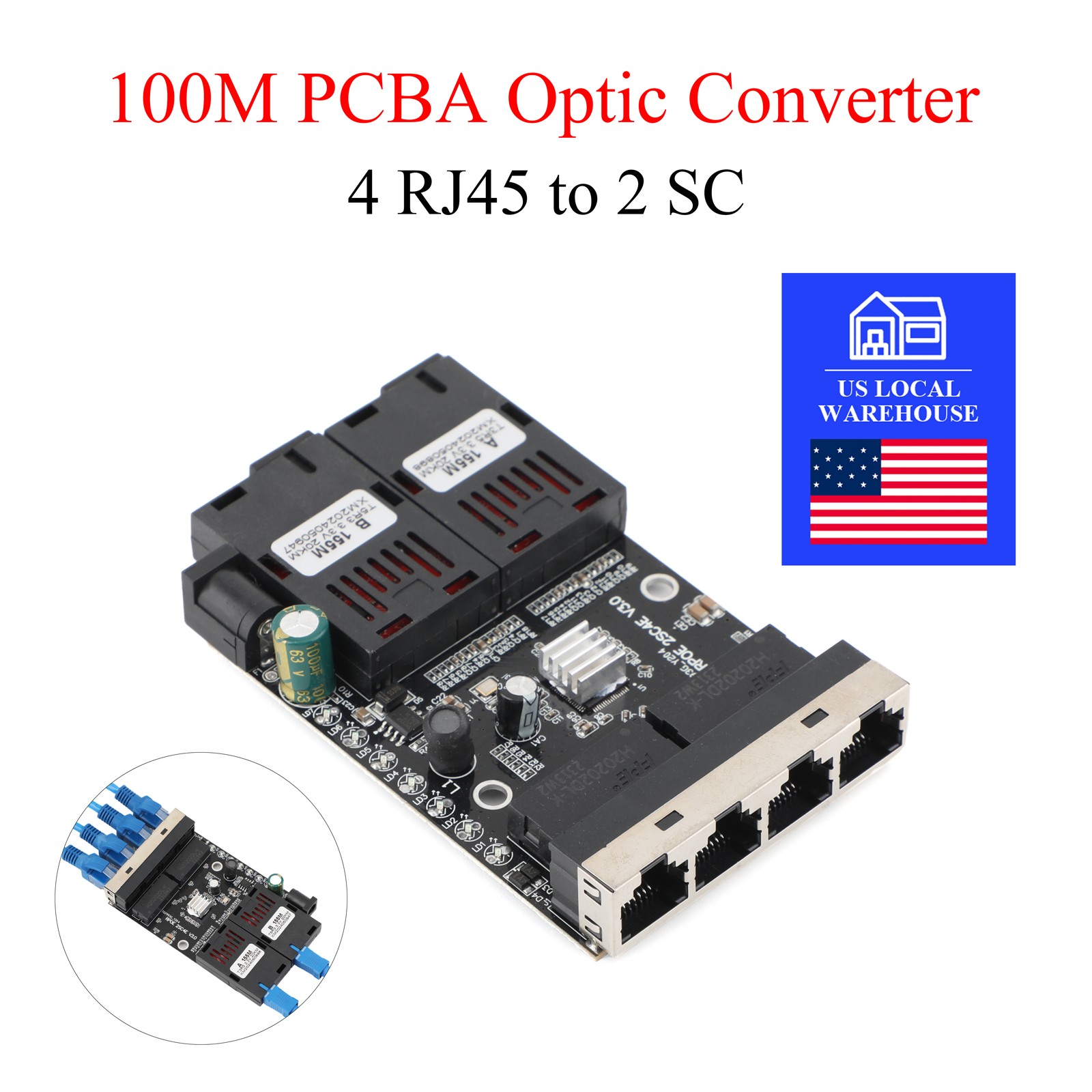 A Pair 10/100Mbps Fiber Optic Media Converter 4 RJ45 to 2 SC Port Up to 20KM