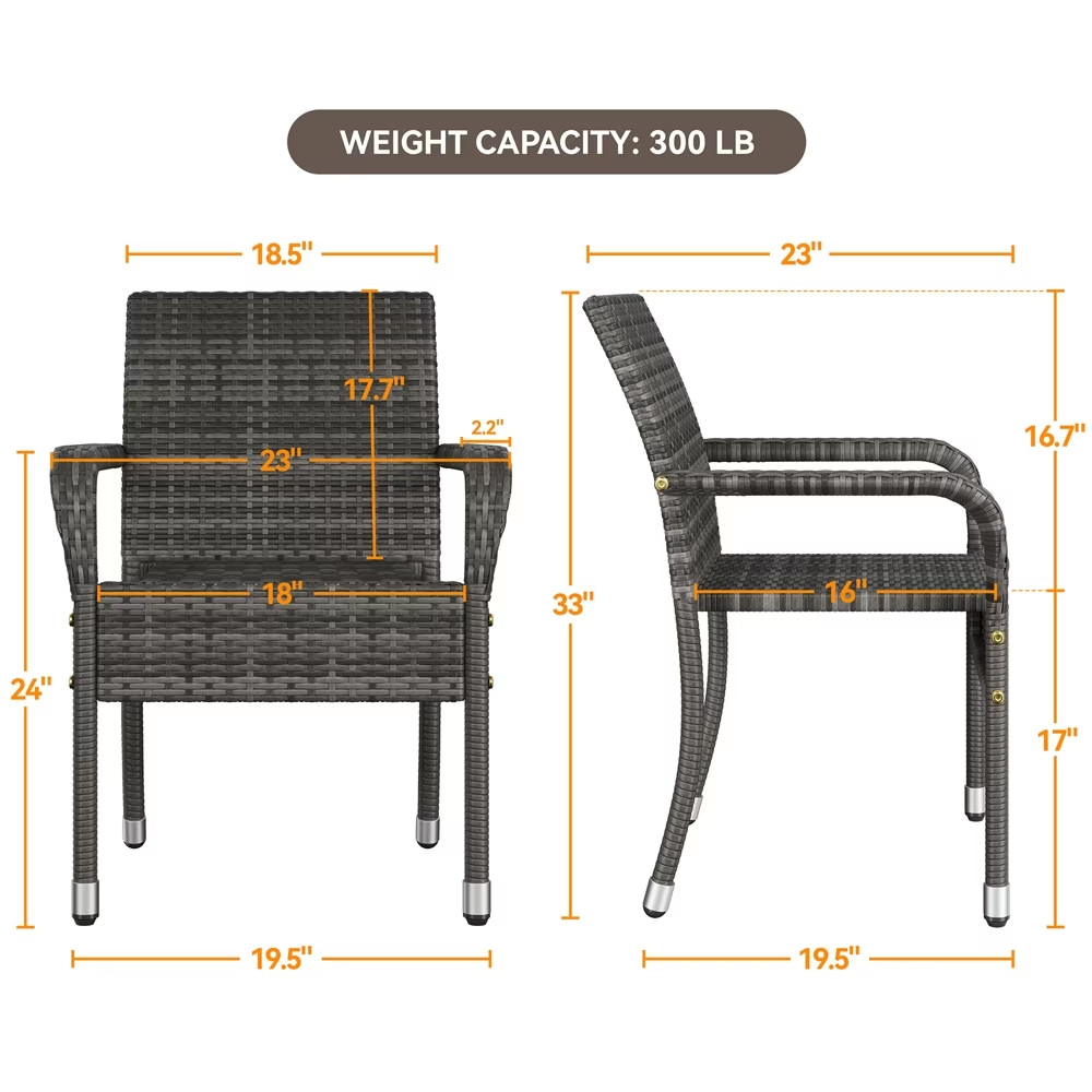 Outdoor PE Rattan Chair with Armrests and Adjustable Footpads, Set of 2, Gray