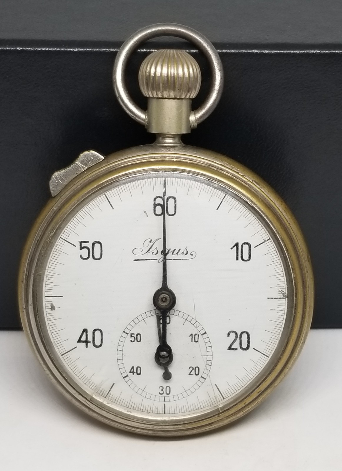 J0160 Isgus German Stop Watch, Working, Cracked Crystal.