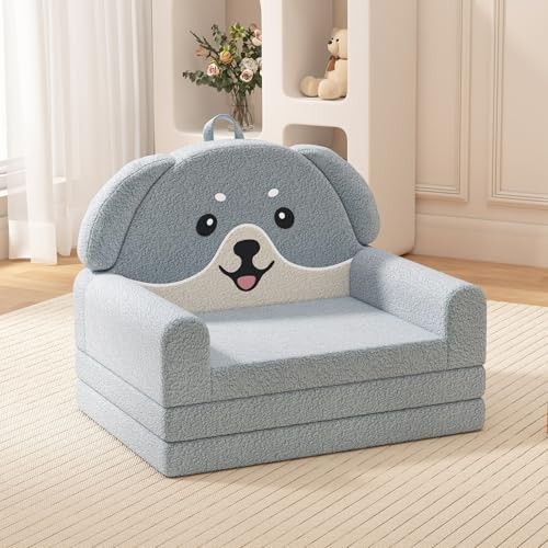 2-in-1 Kids Couch, Soft Toddler Couch Fold Out for Girl and Boys, Dog Blue
