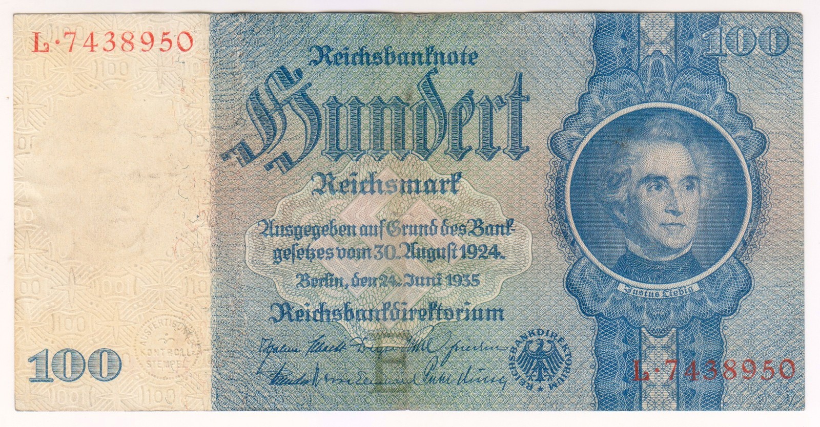 1935 Germany 100 Mark 7438950 Reichsbanknote Paper Money Banknotes