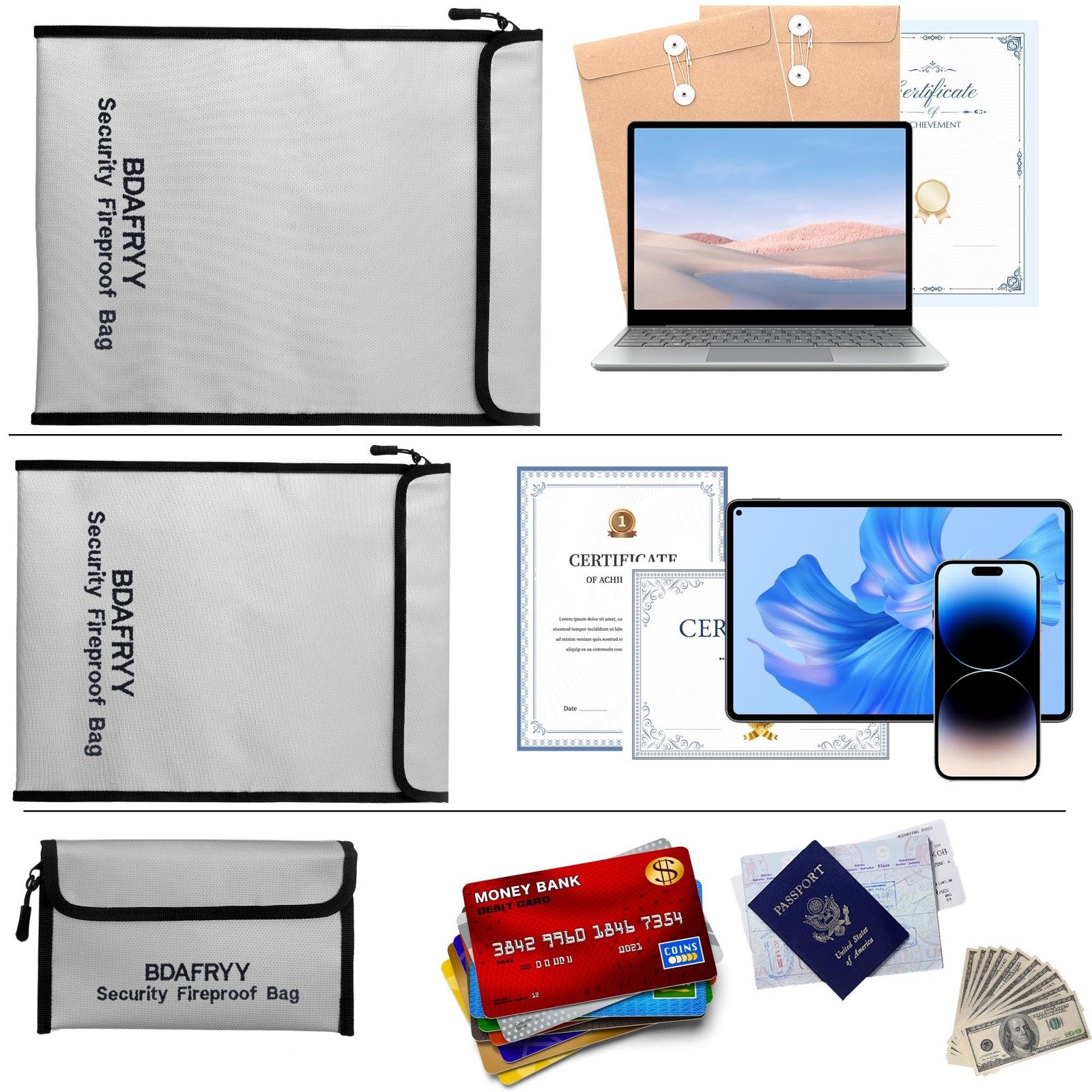 3 Pcs Fireproof Waterproof Money Important Document Bag(2000℉),Fire Proof Bag...