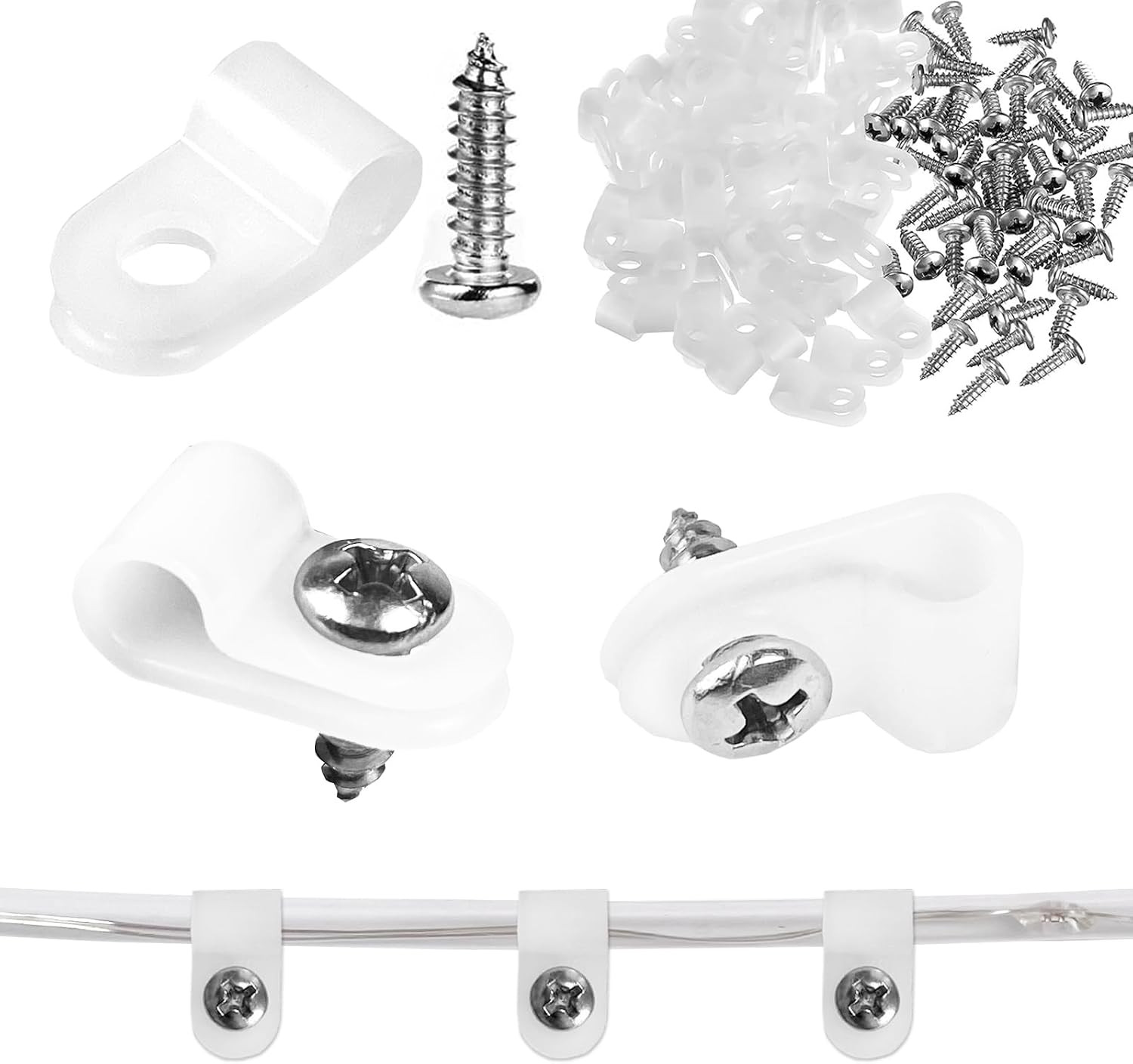 50 Pack 1/5 Inch Rope Light Clips with Stainless Steel Screws | P-Style Outdoor
