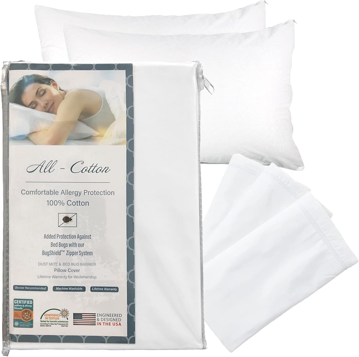 Noiseless 100% Cotton Pillow Protectors 2 Pack Standard Zippered 300 Thread