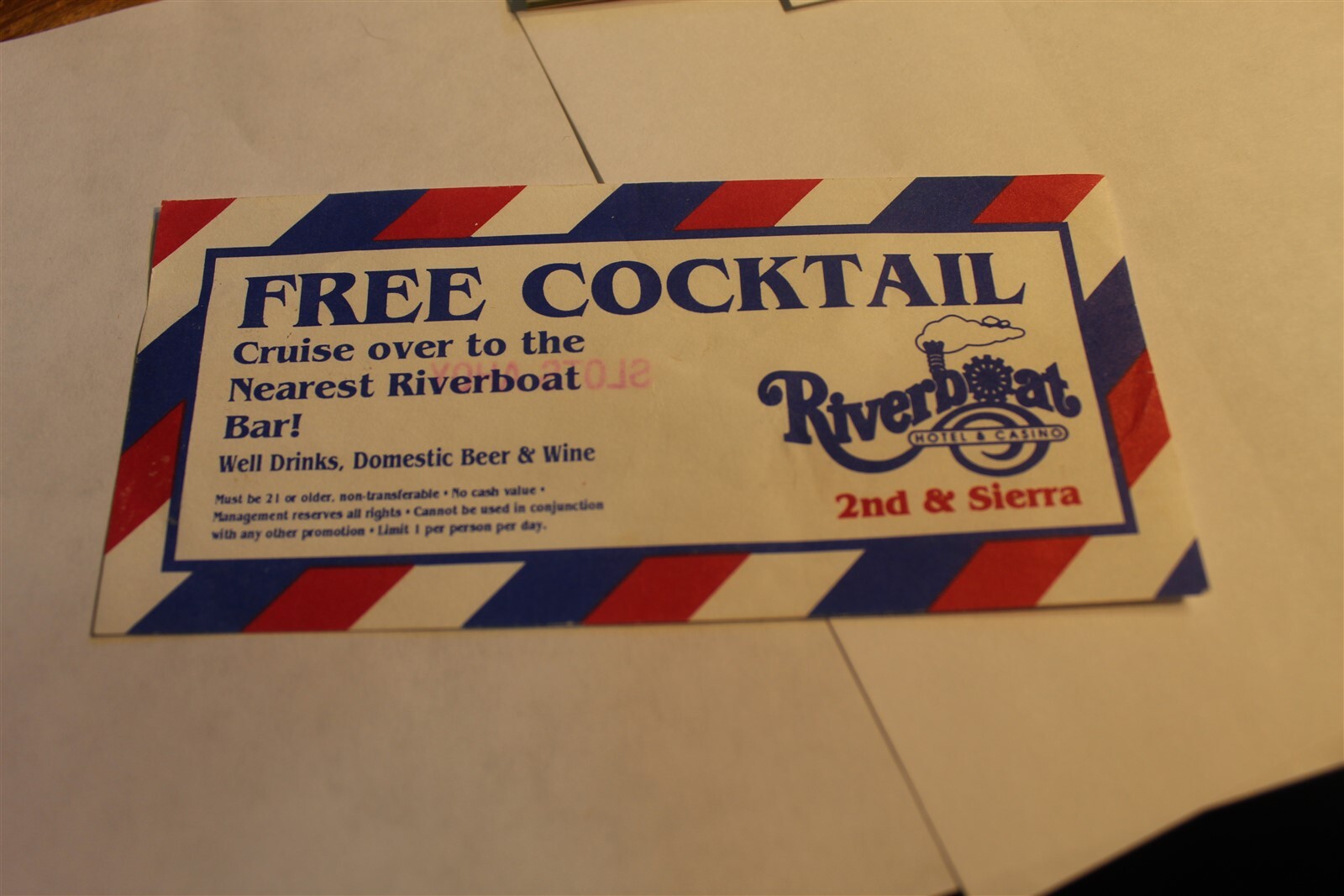 RIVERBOAT HOTEL CASINO -GOOD FOR ONE FREE DRINK COUPON LAUGHLIN NEVADA