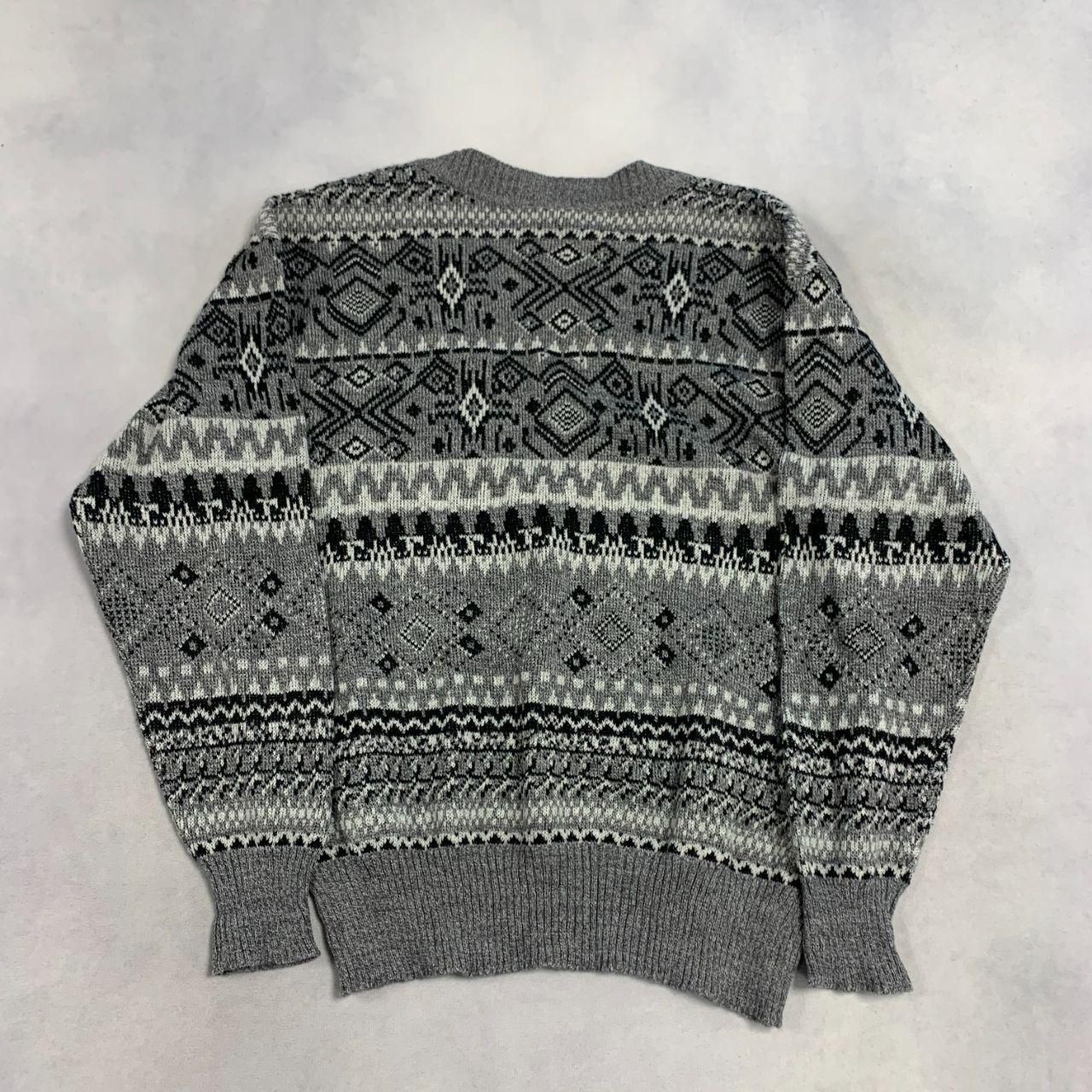 Vintage Abstract Knitted Jumper Patterned Grandad Chunky V-Neck Knit Sweater
