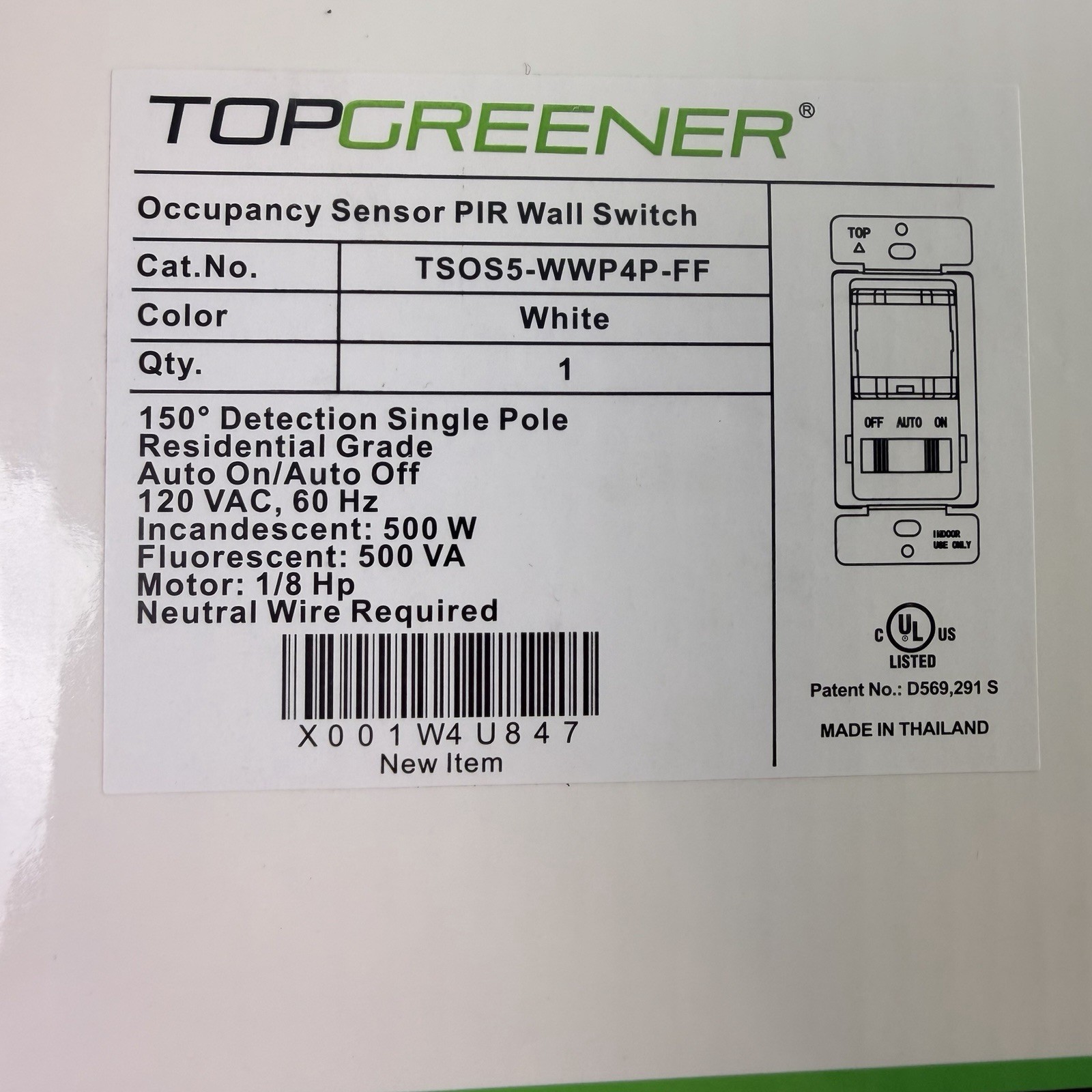 x4 TOPGREENER TSOS5 in-Wall PIR Motion Sensor Light Switch White
