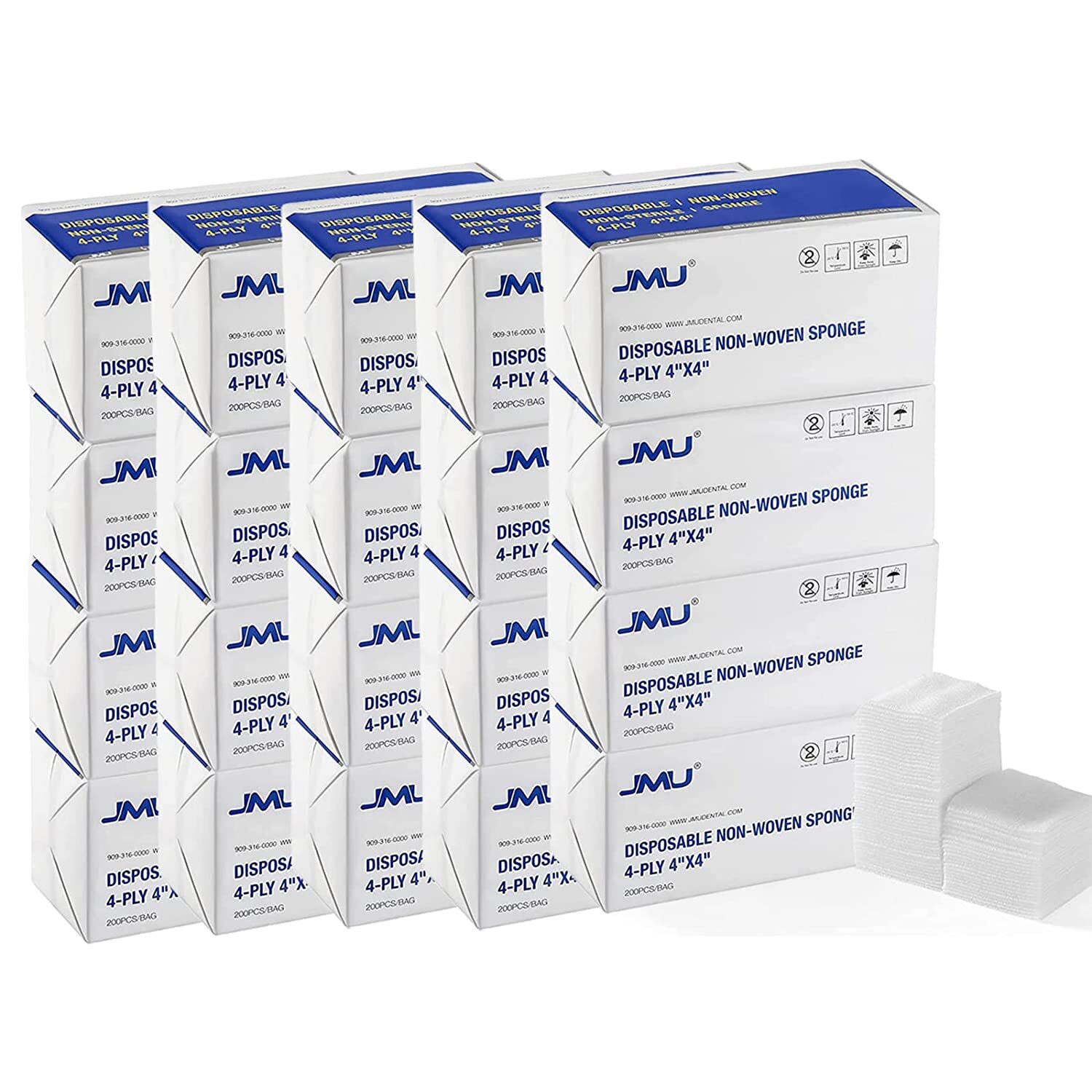4000/20Bags Dental Non-Woven Sponges 4-Ply Cotton Gauze Pads Non-Sterile 4''x4''