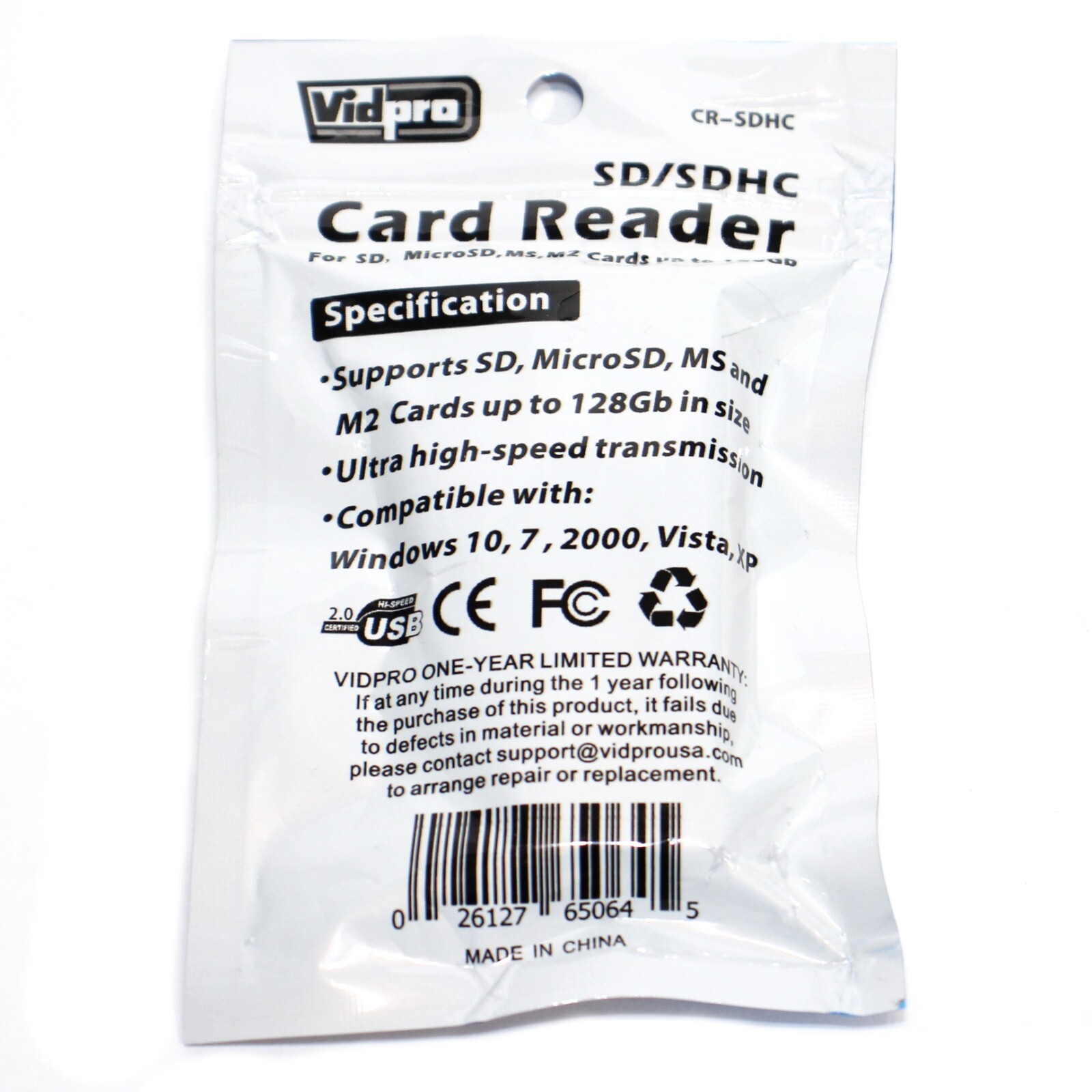 2X SD/SDHC Card Reader Vidpro Plus One Usb 12' Cable