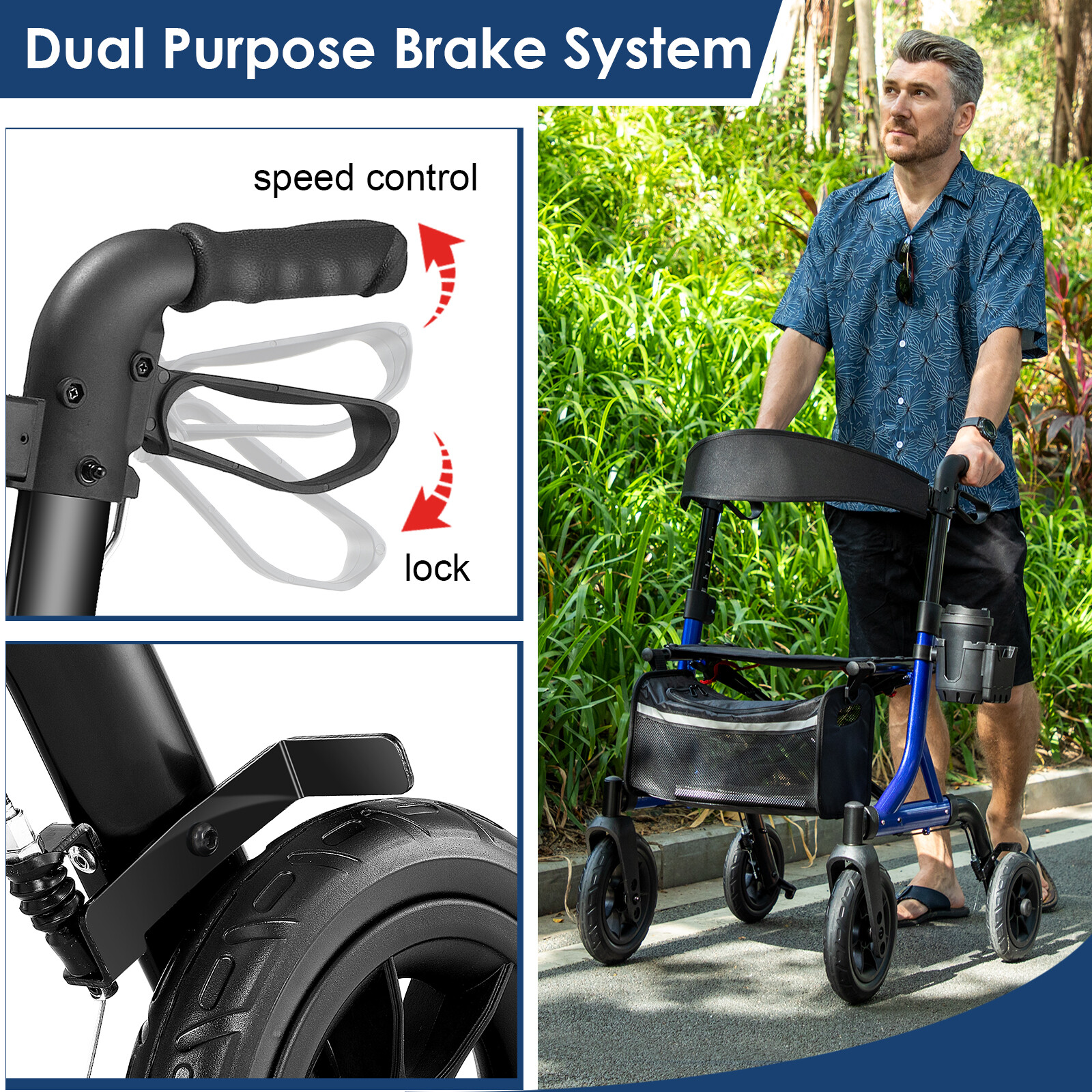 All-Terrain Rollator Walker with 10” Rubber Wheels, Padded Seat & Backrest 300lb