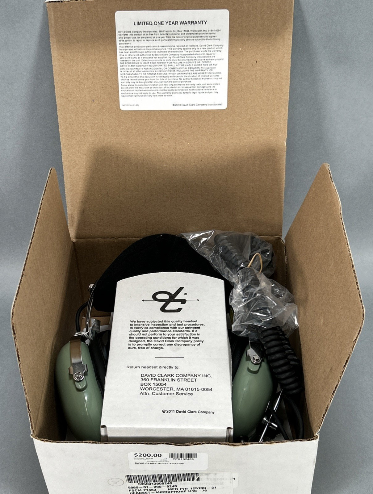 David Clark Aviation Headset H10-76 ; Green