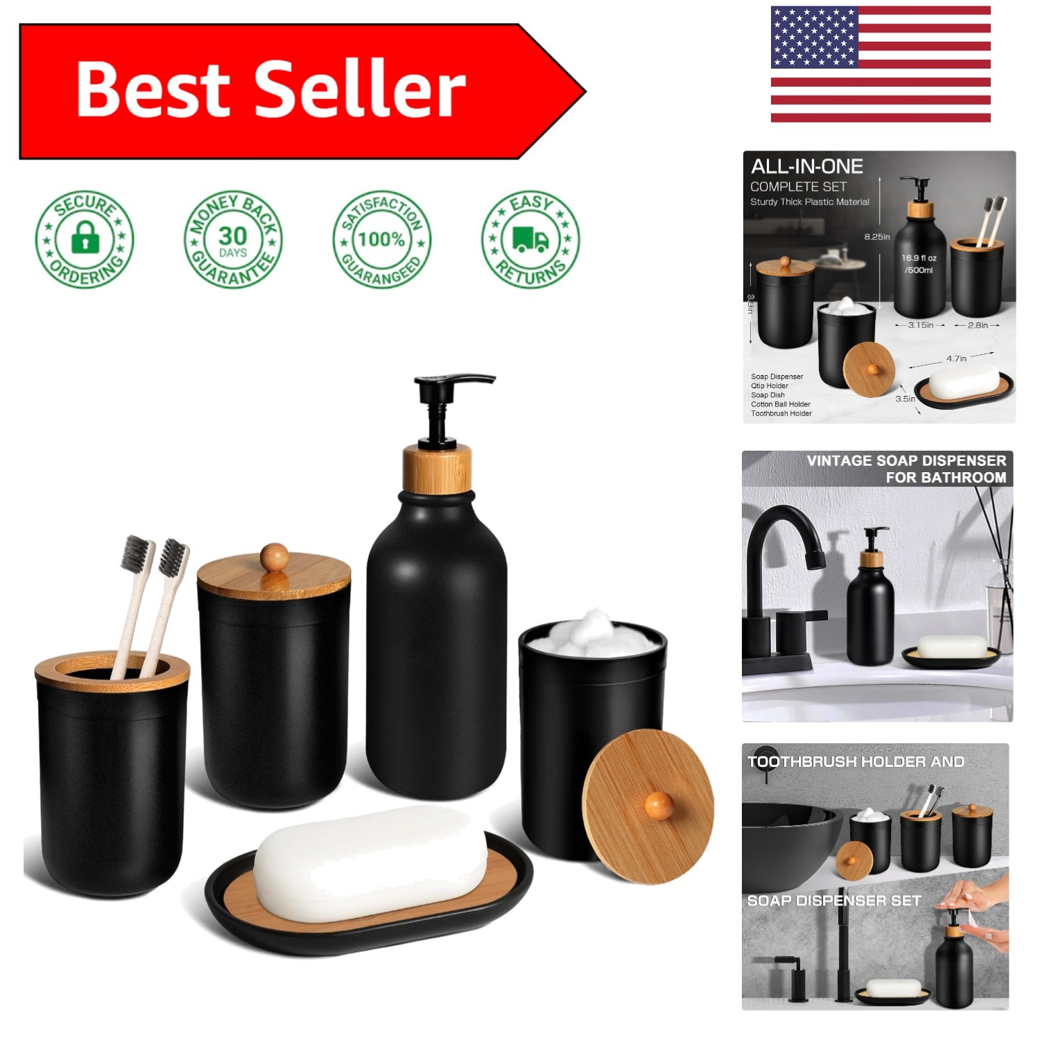 Stylish Black Bathroom Accessory Set - Shatterproof & Dust-Proof 5 Piece