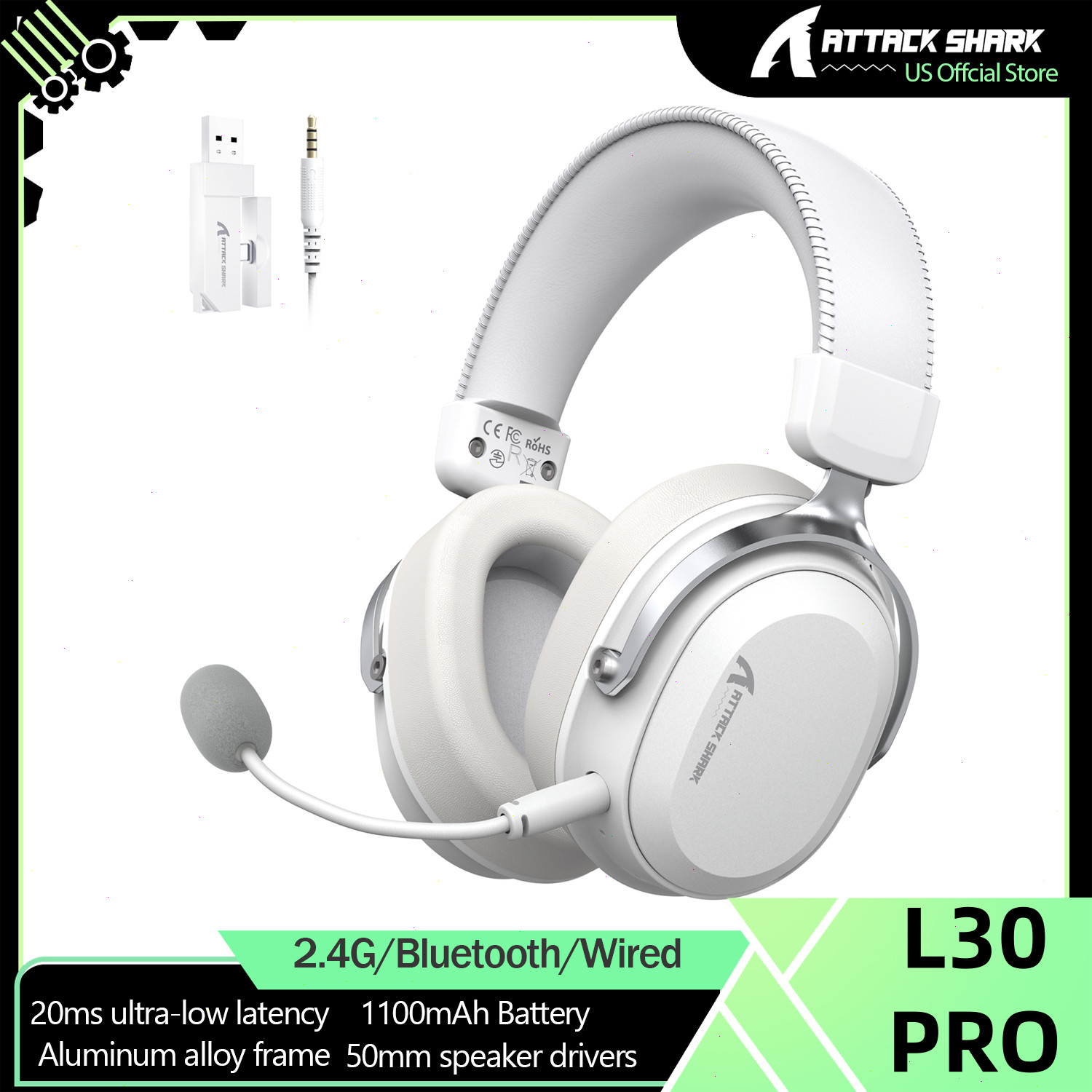 ATTACK SHARK L30PRO Wireless Gaming Headset 7.1 Surround Sound, 50mm Drivers